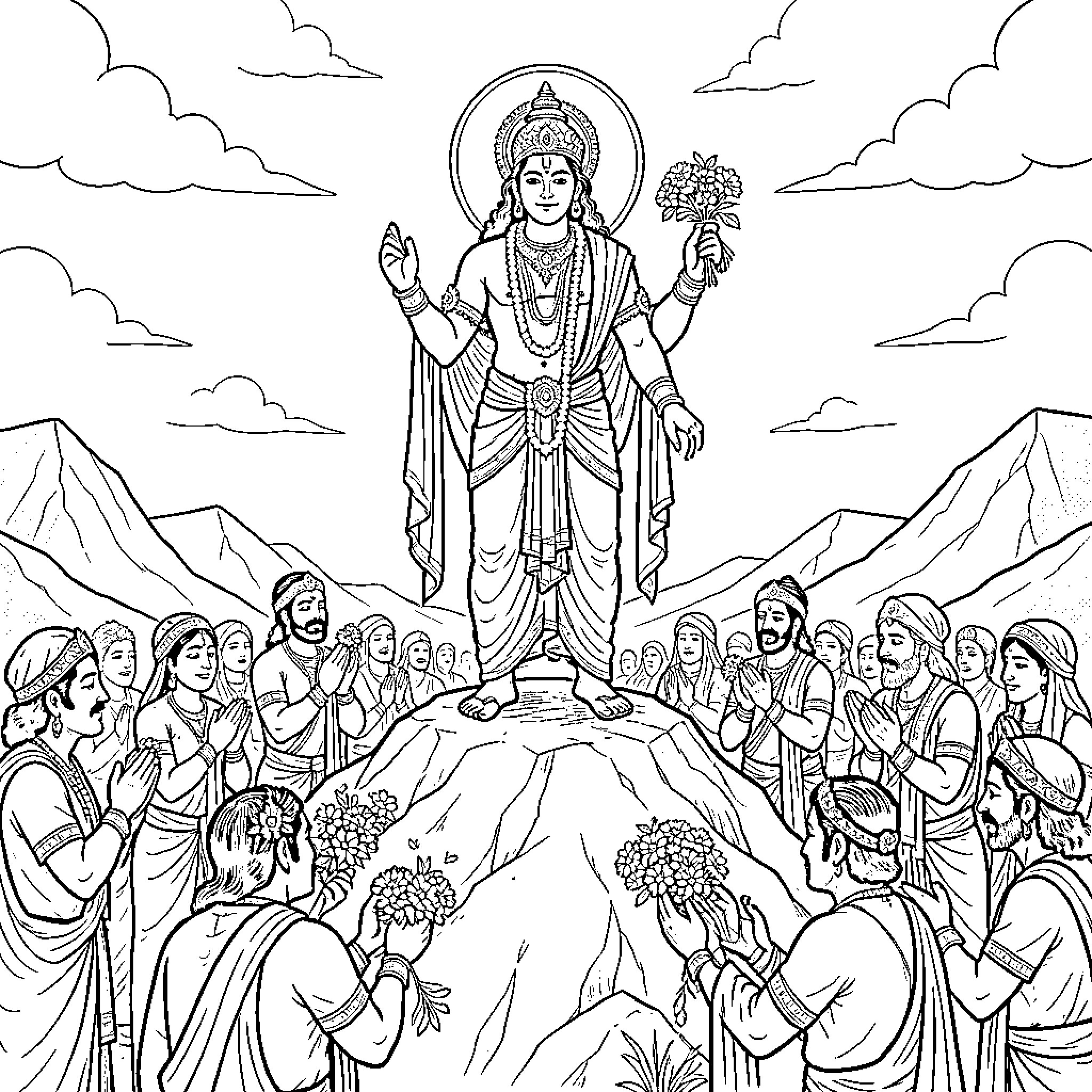 Murugan standing on a mountain receiving devotees' offerings Coloring Page (free black-and-white line drawing printable PDF for all, from beginners to advanced learners, including children, teens, adults, and seniors)