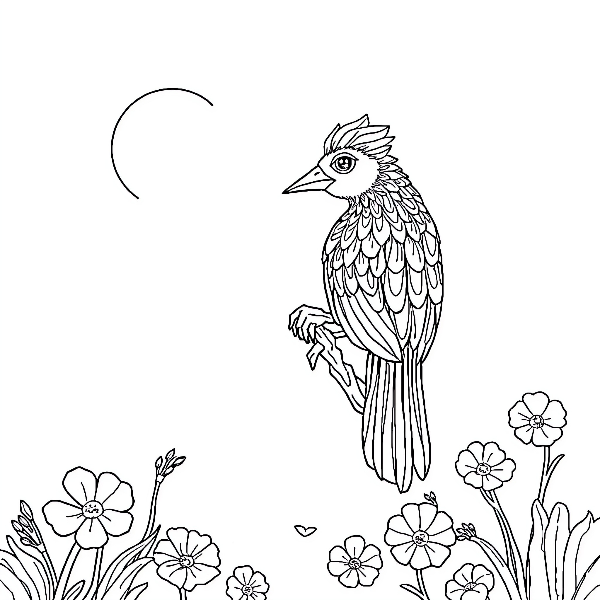 Bird perched amidst blooming flowers on moonlit night Coloring Page (free black-and-white line drawing printable PDF for all, from beginners to advanced learners, including children, teens, adults, and seniors)