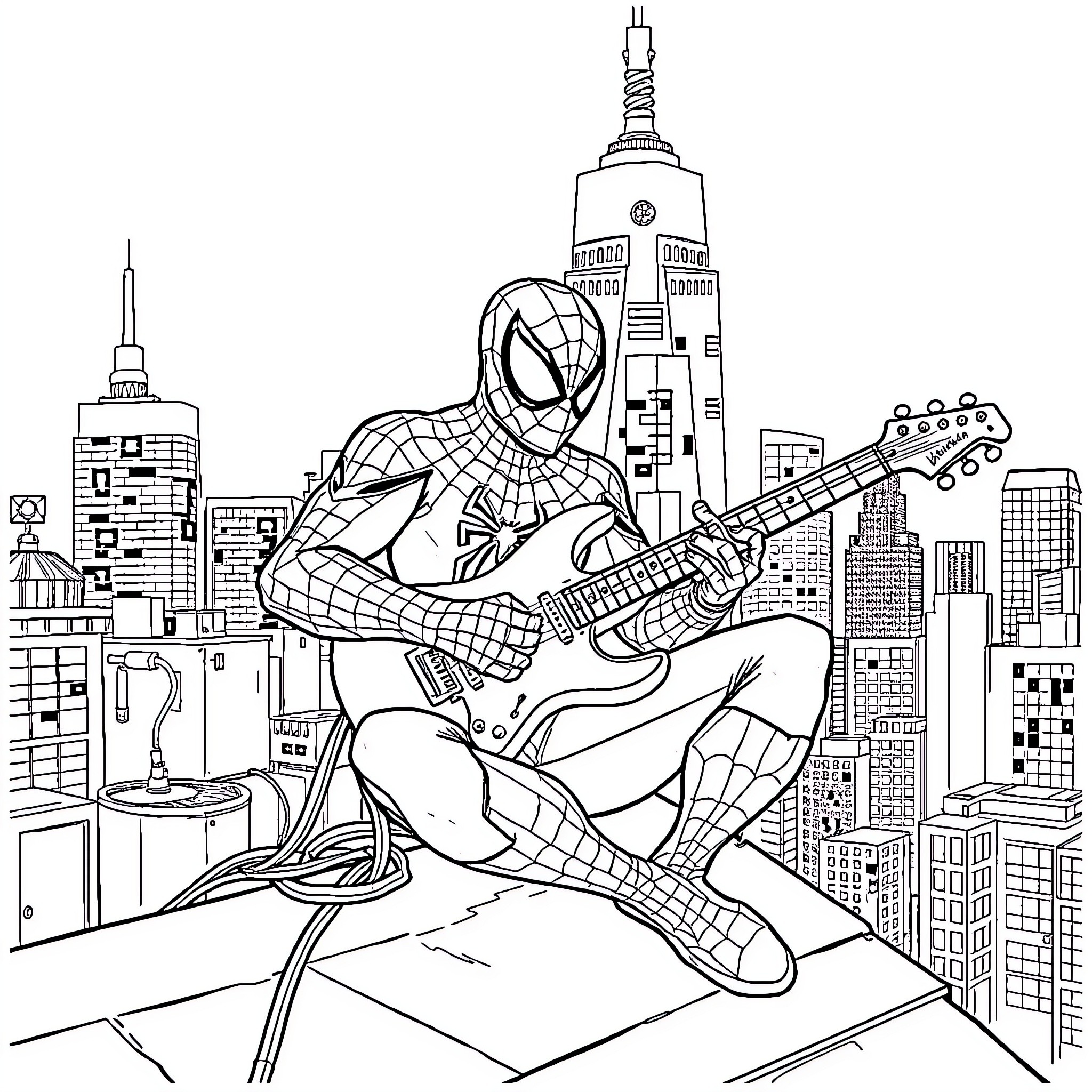 Spider-Man playing guitar in New York City skyline Coloring Page (free black-and-white line drawing printable PDF for all, from beginners to advanced learners, including children, teens, adults, and seniors)
