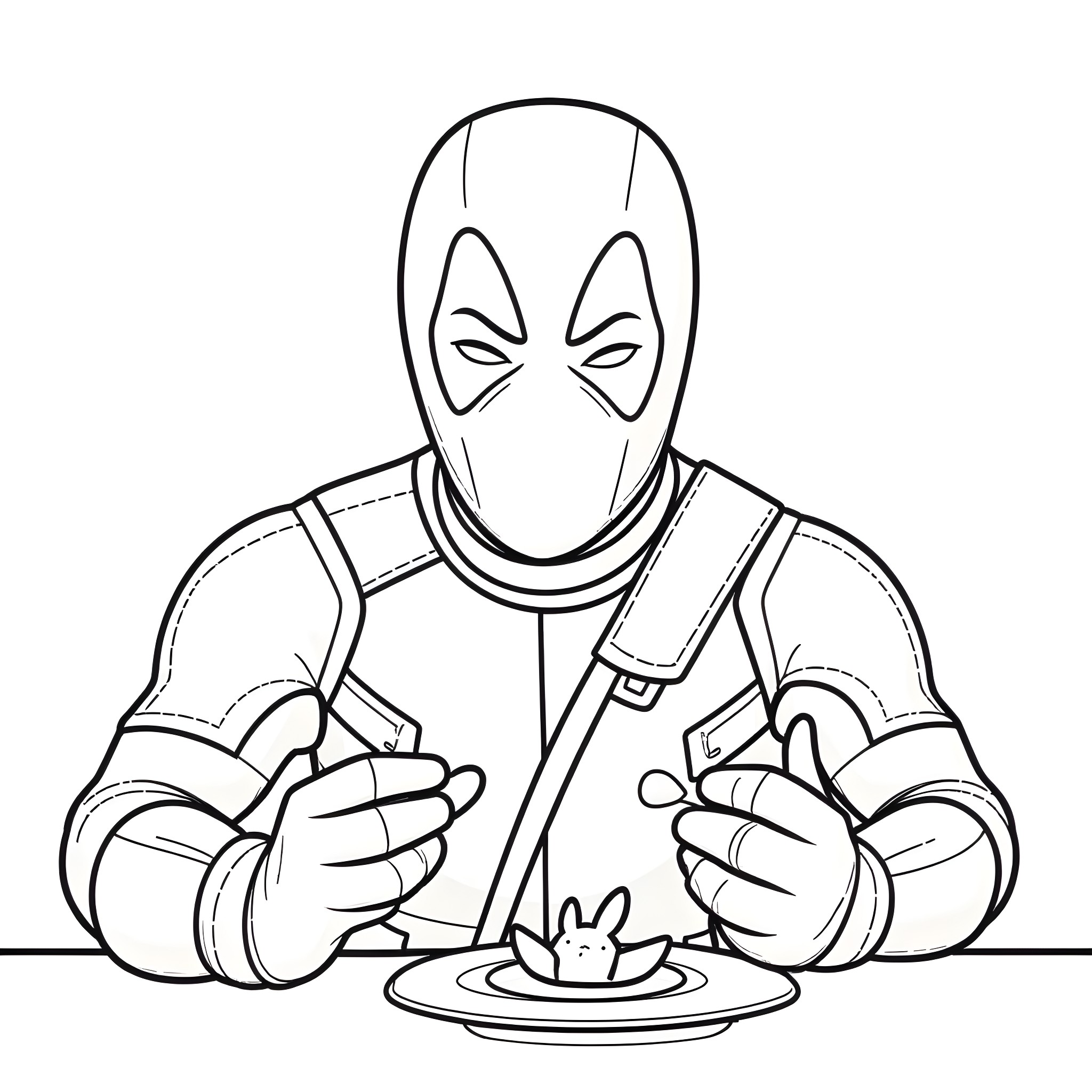 Deadpool enjoying a meal with a tiny companion Coloring Page (free black-and-white line drawing printable PDF for all, from beginners to advanced learners, including children, teens, adults, and seniors)