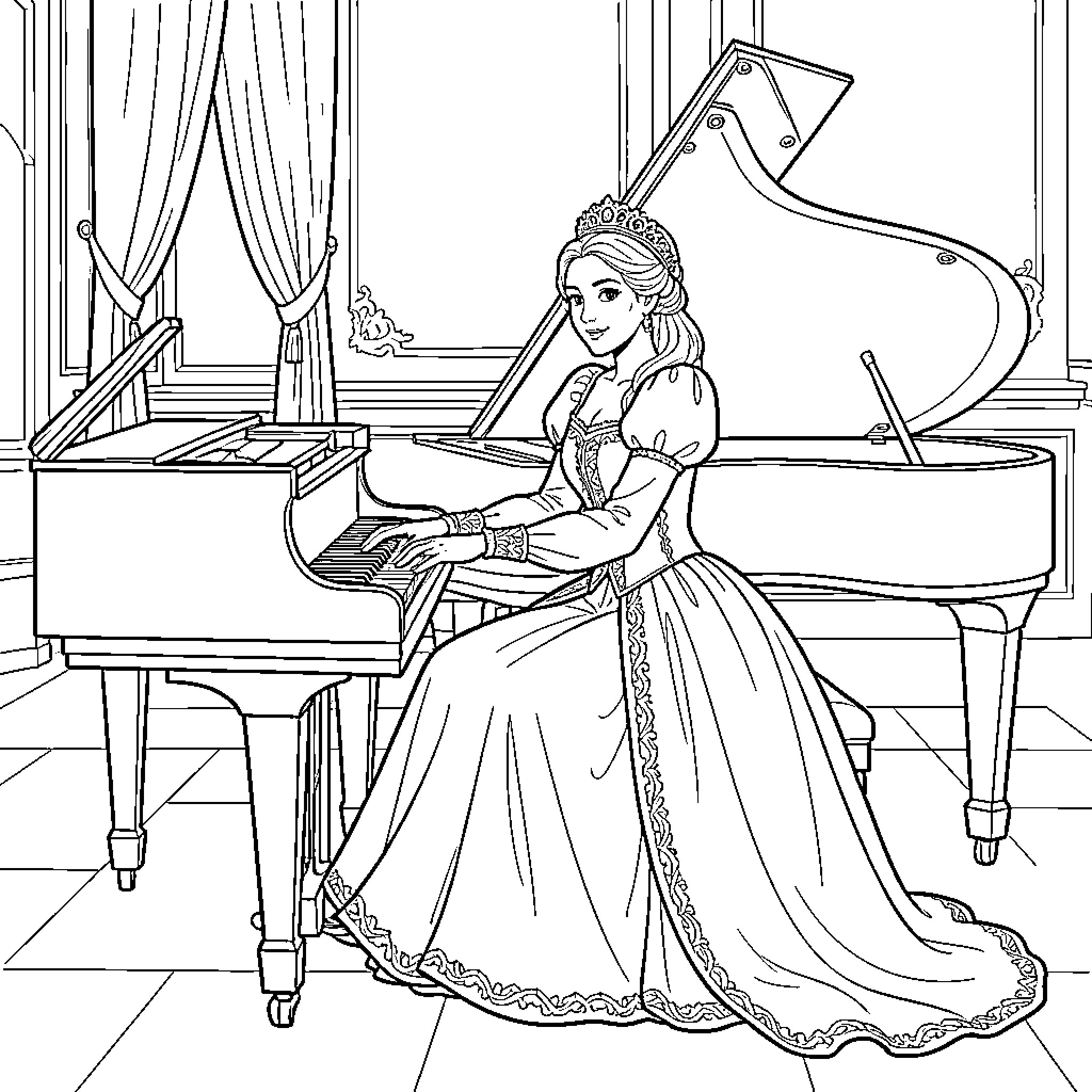 Marie playing the grand piano in a gown Coloring Page (free black-and-white line drawing printable PDF for all, from beginners to advanced learners, including children, teens, adults, and seniors)