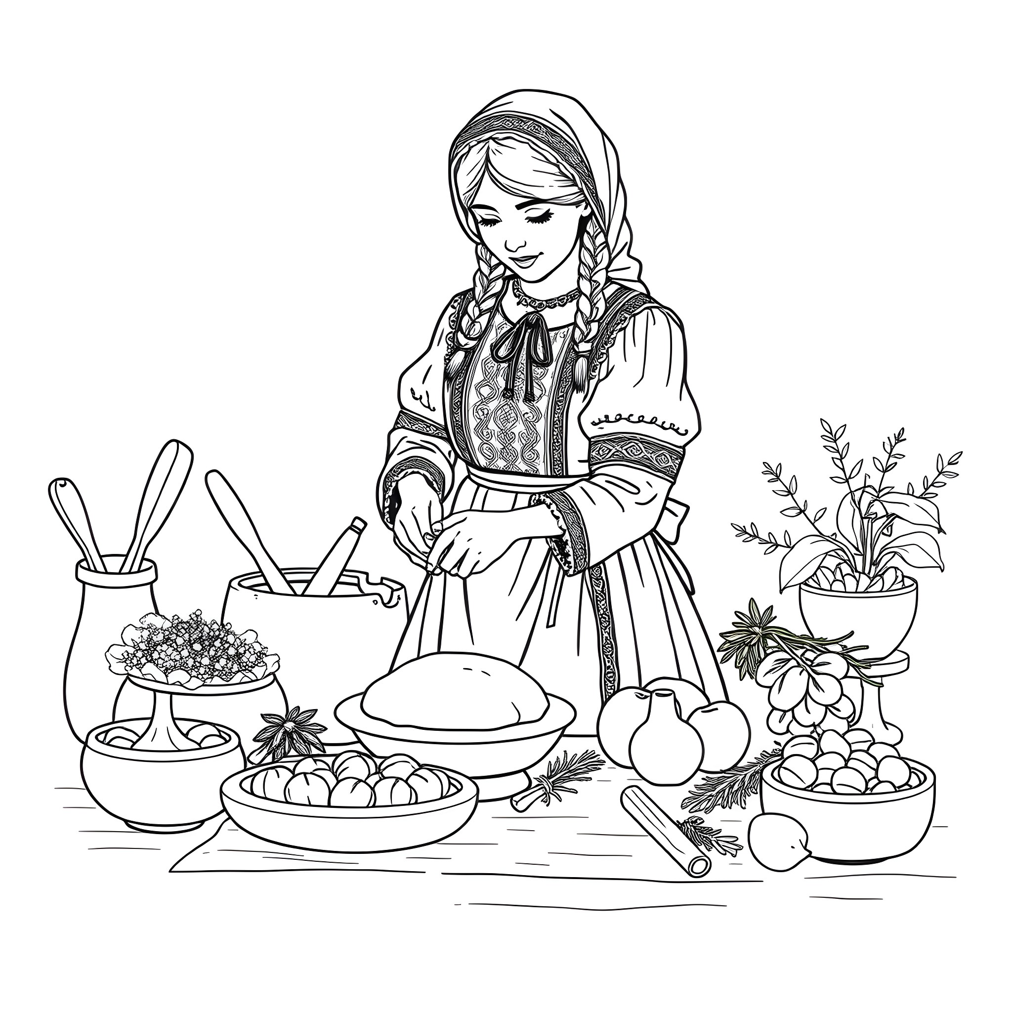 Girl Preparing Traditional Dishes in Kitchen Coloring Page (free black-and-white line drawing printable PDF for all, from beginners to advanced learners, including children, teens, adults, and seniors)