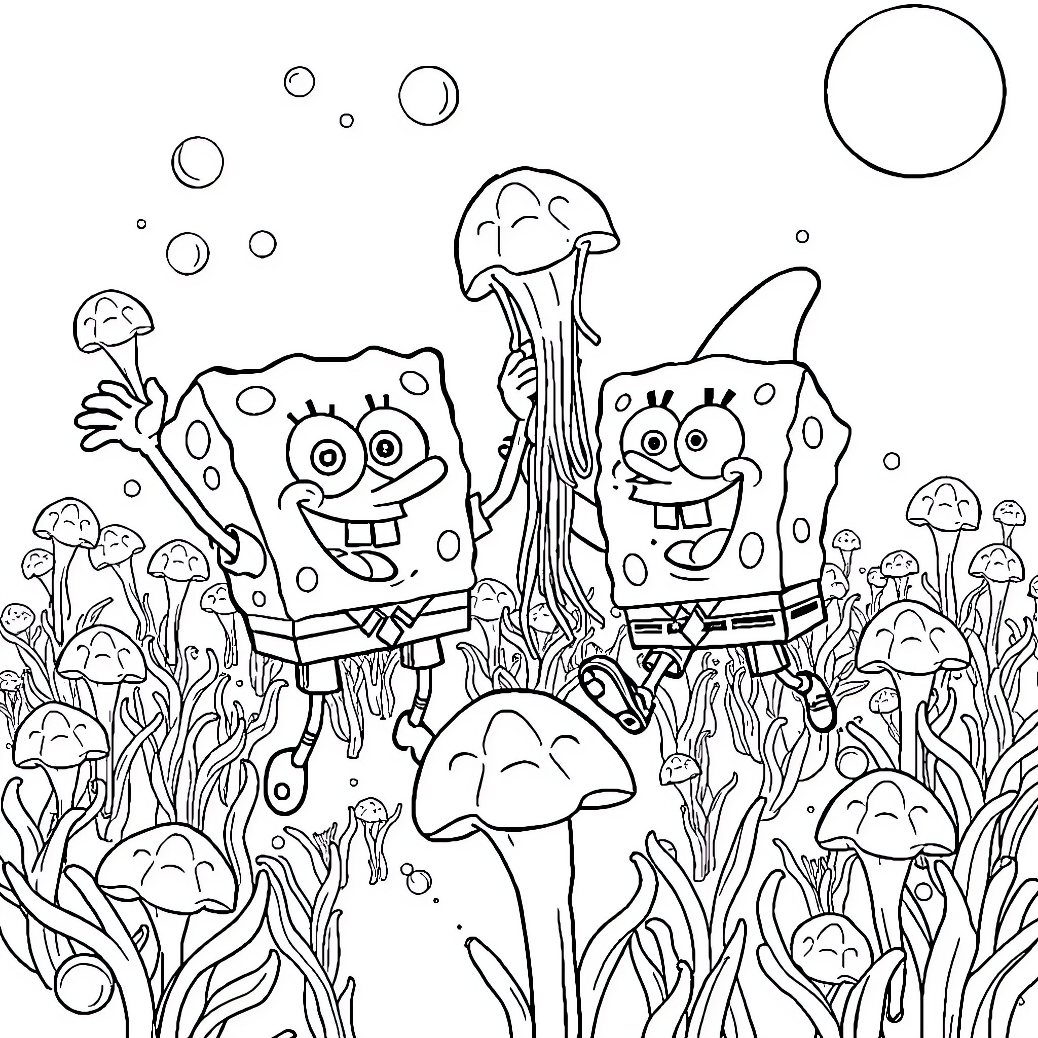 Spongebob and Patrick enjoy a mushroom-filled adventure Coloring Page (free black-and-white line drawing printable PDF for all, from beginners to advanced learners, including children, teens, adults, and seniors)