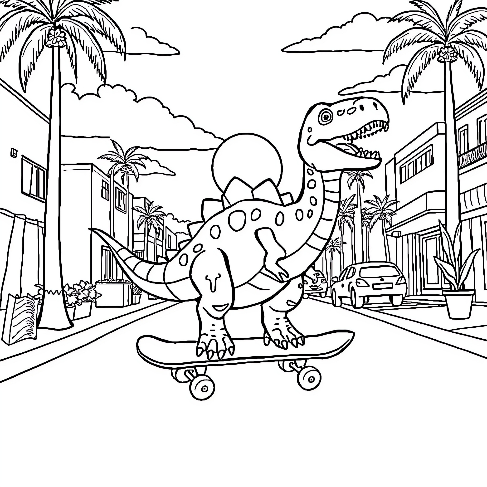 Dinosaur riding skateboard in tropical city street Coloring Page (free black-and-white line drawing printable PDF for all, from beginners to advanced learners, including children, teens, adults, and seniors)