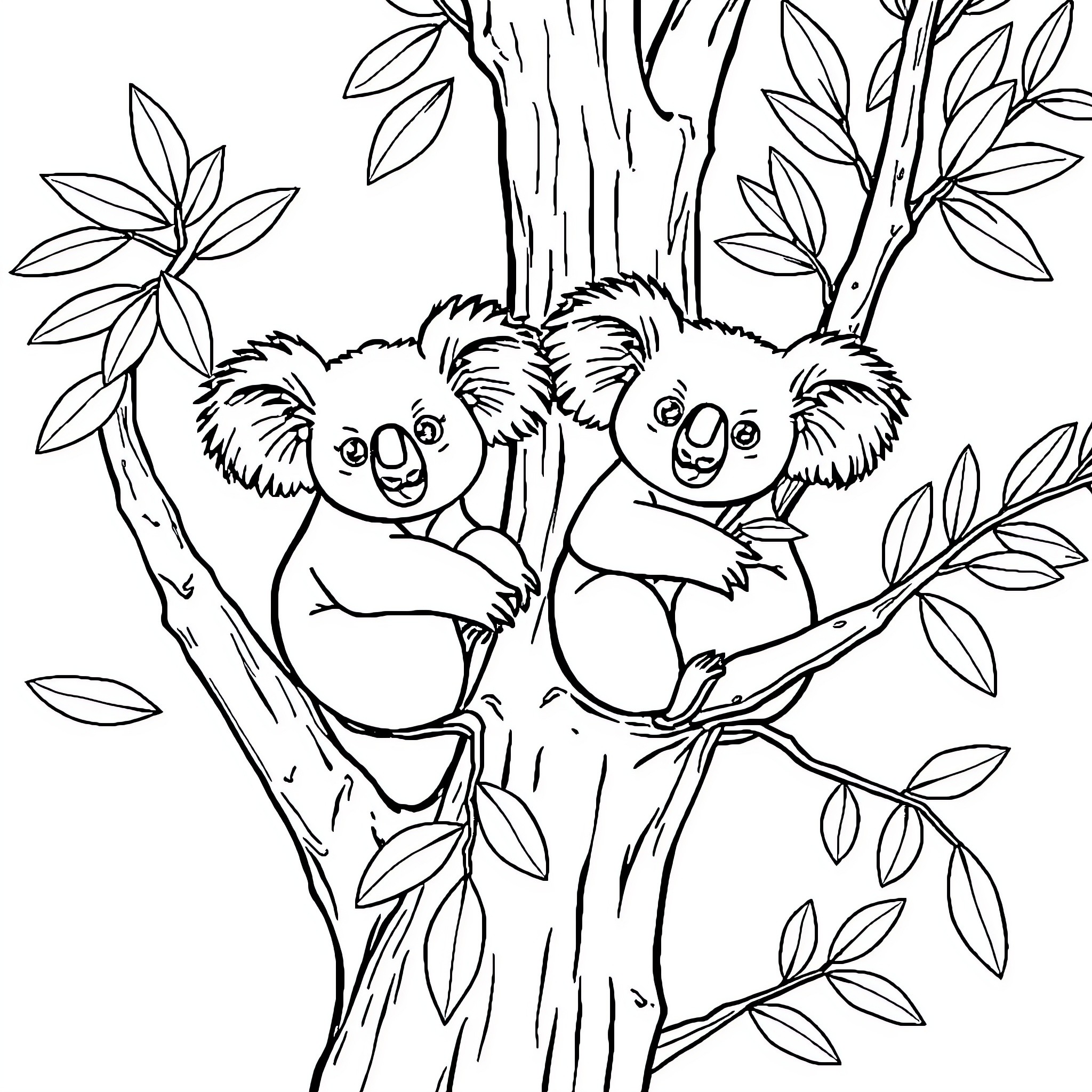 Koalas exploring the branches in the forest Coloring Page (free black-and-white line drawing printable PDF for all, from beginners to advanced learners, including children, teens, adults, and seniors)