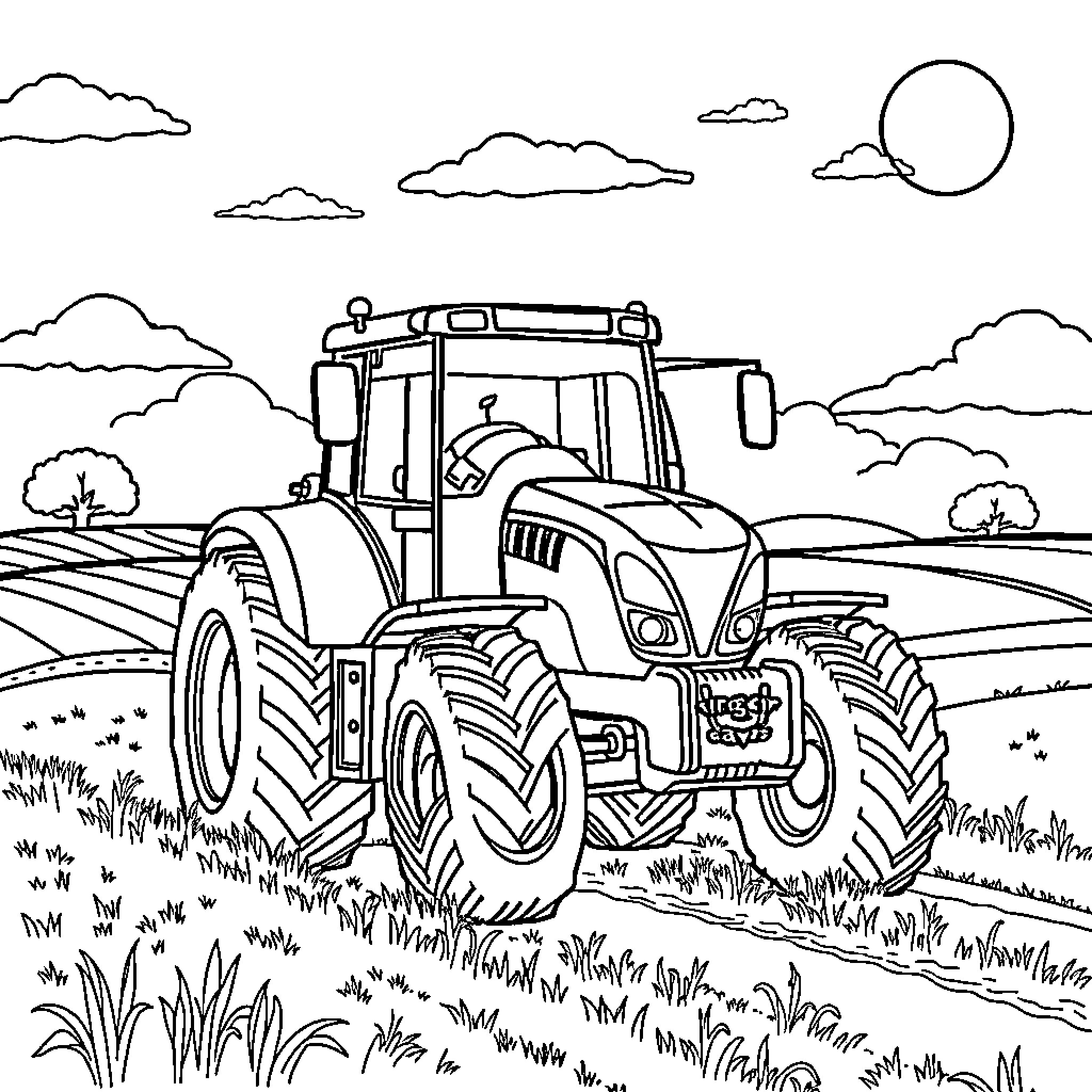 Tractor working in the scenic countryside Coloring Page (free black-and-white line drawing printable PDF for all, from beginners to advanced learners, including children, teens, adults, and seniors)