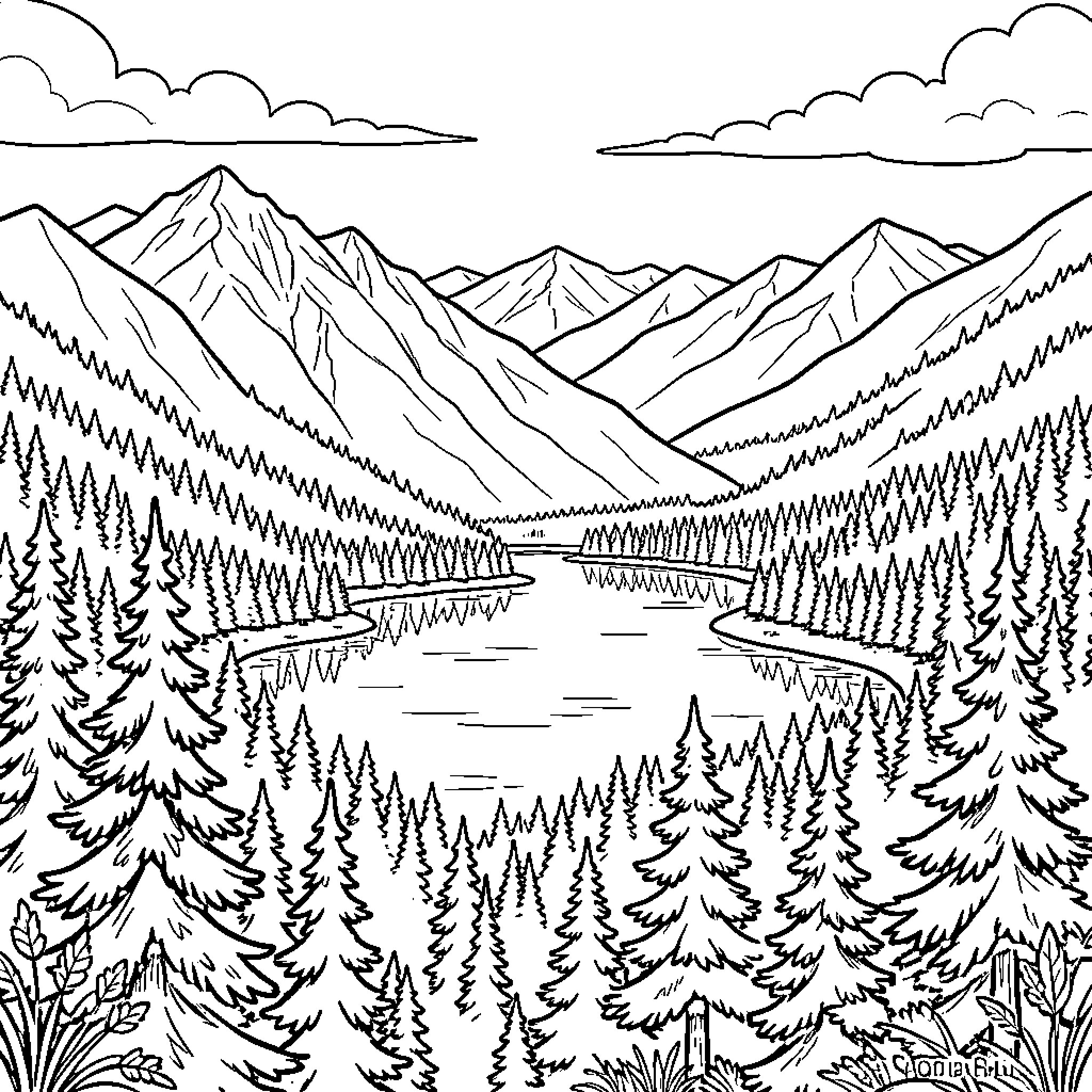 Chile Mountain Landscape with Serene Lake Coloring Page (free black-and-white line drawing printable PDF for all, from beginners to advanced learners, including children, teens, adults, and seniors)