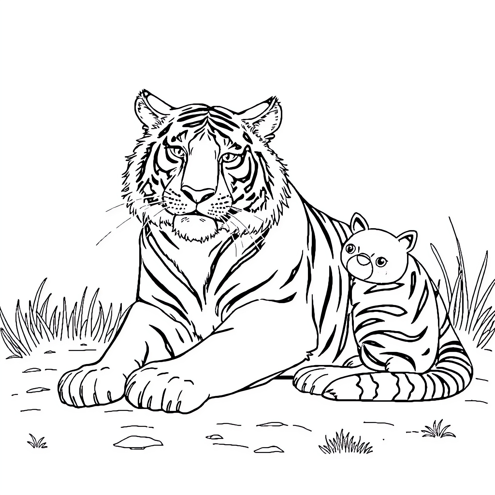 Tiger with cute cub in the wild Coloring Page (free black-and-white line drawing printable PDF for all, from beginners to advanced learners, including children, teens, adults, and seniors)