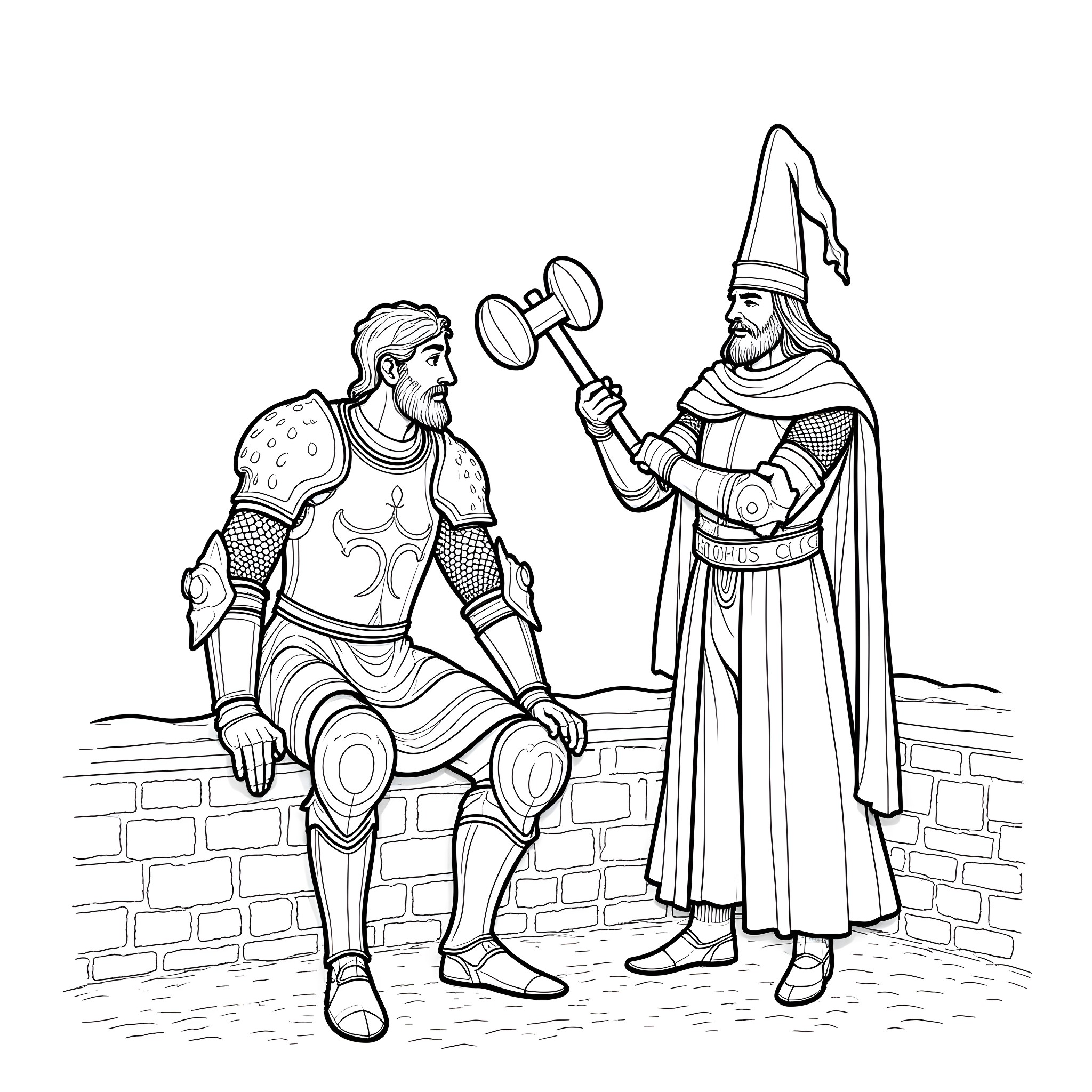 Knight Receiving Ceremonial Sword from Cleric Coloring Page (free black-and-white line drawing printable PDF for all, from beginners to advanced learners, including children, teens, adults, and seniors)