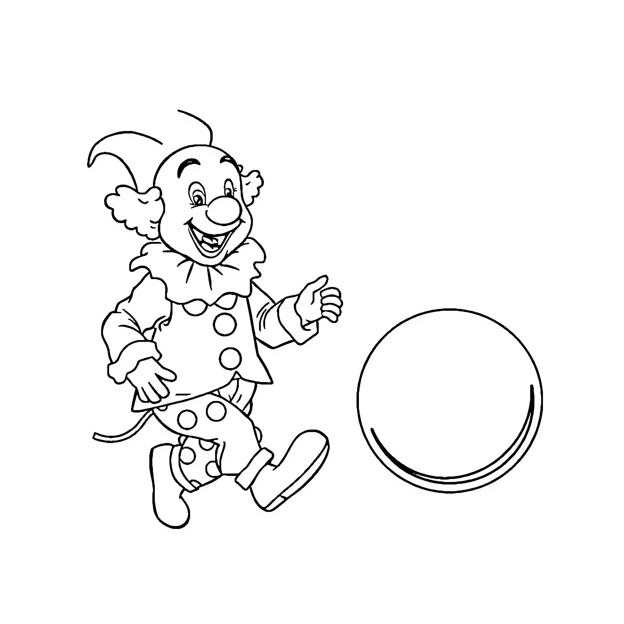 Clown entertains with joyful gestures and costume Coloring Page (free black-and-white line drawing printable PDF for all, from beginners to advanced learners, including children, teens, adults, and seniors)