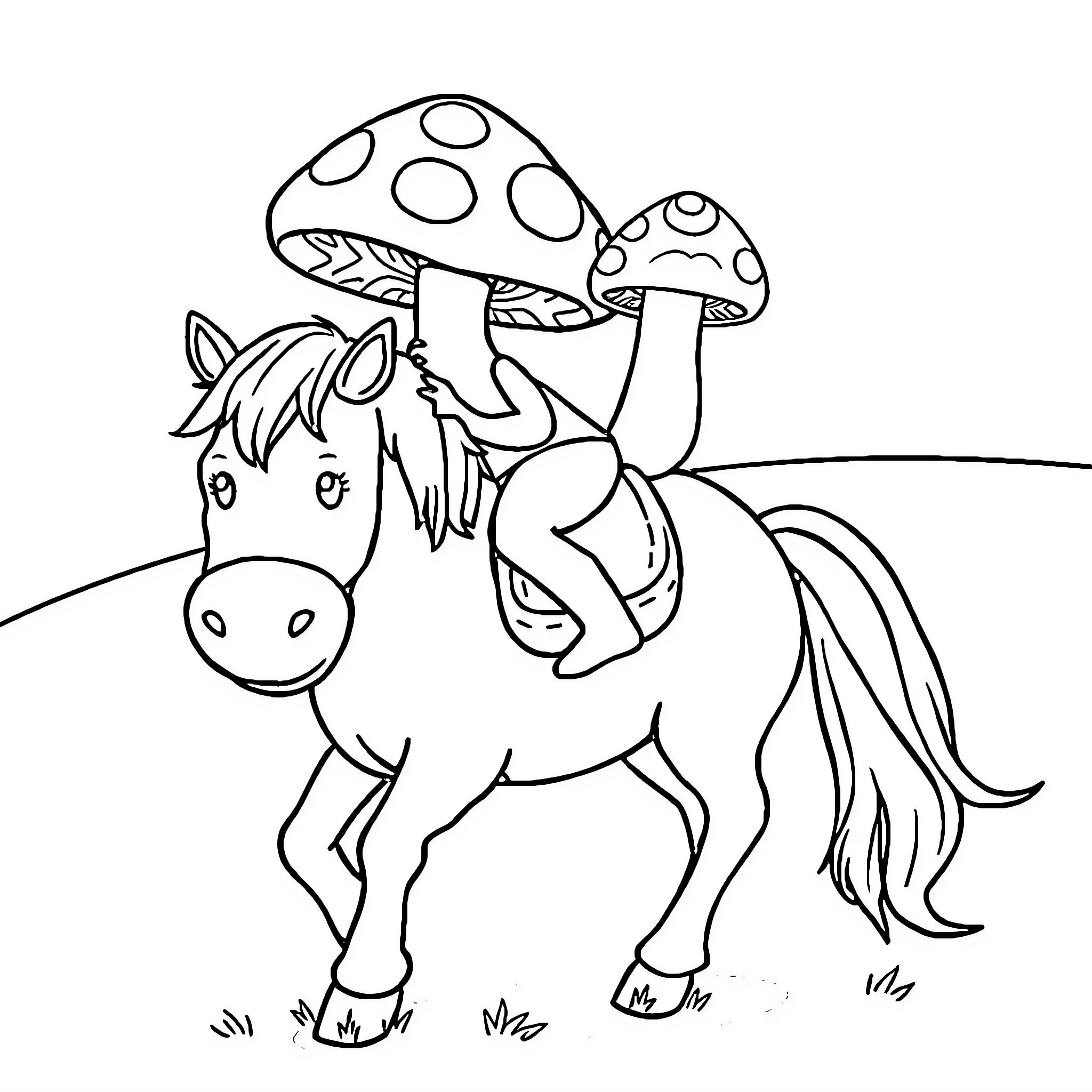 Mushroom-Themed Pony Adventure Coloring Page (free black-and-white line drawing printable PDF for all, from beginners to advanced learners, including children, teens, adults, and seniors)
