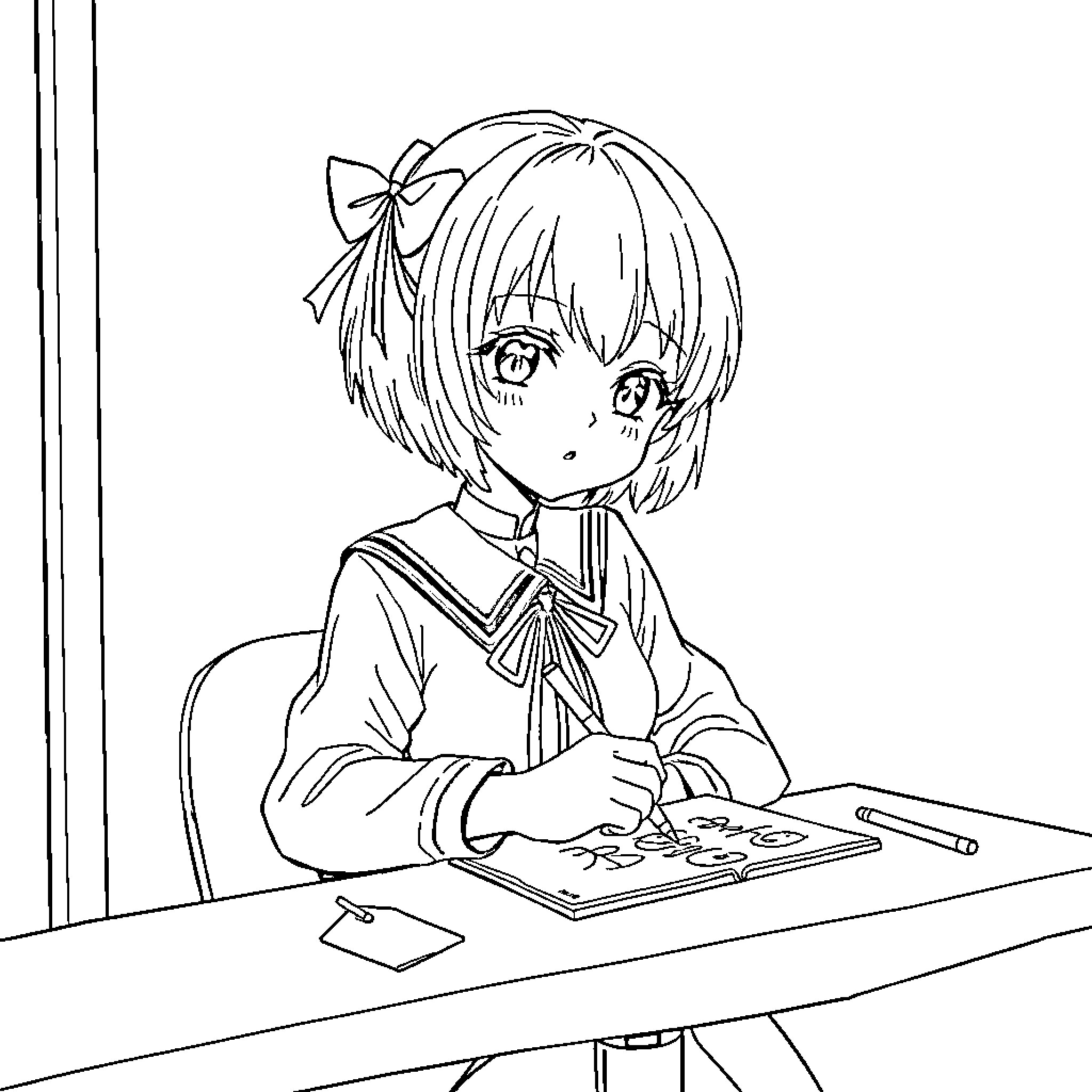 Chica diligently working on an art project Coloring Page (free black-and-white line drawing printable PDF for all, from beginners to advanced learners, including children, teens, adults, and seniors)