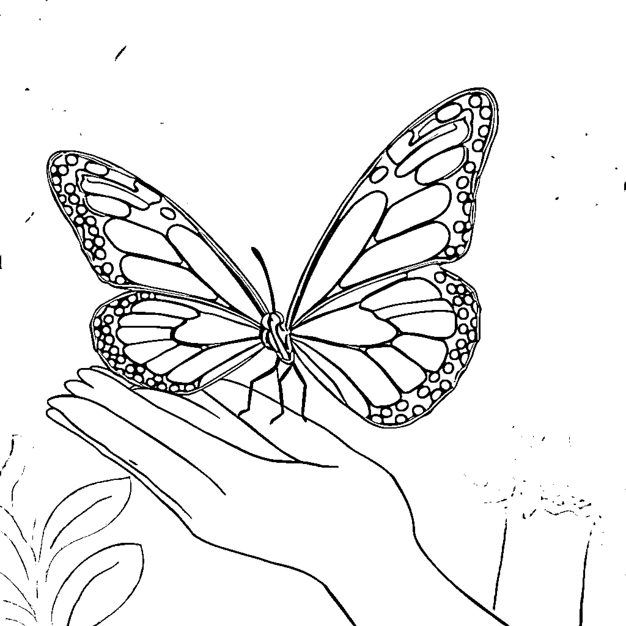 Princess butterfly resting on a hand Coloring Page (free black-and-white line drawing printable PDF for all, from beginners to advanced learners, including children, teens, adults, and seniors)