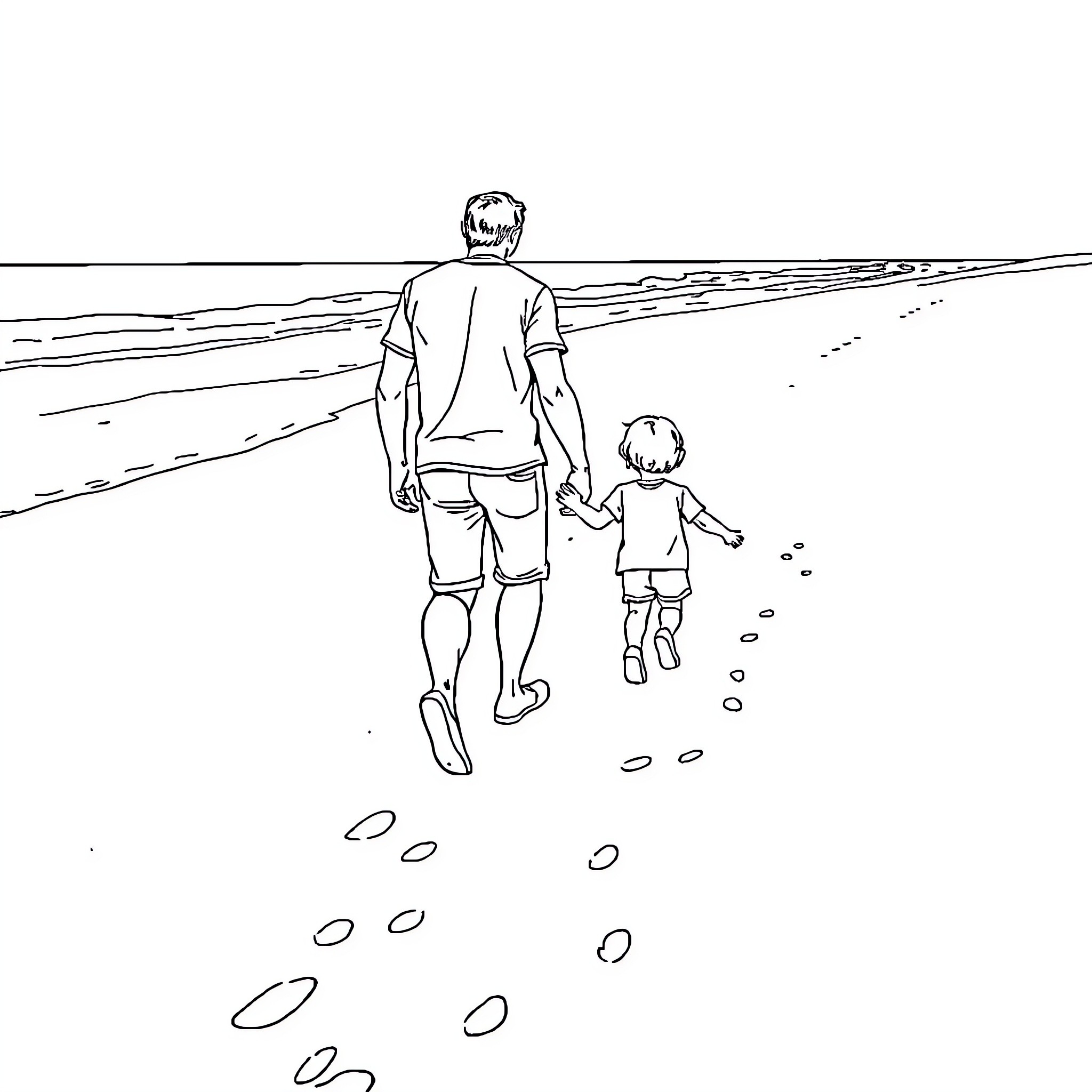 Dad and child walking together on the beach Coloring Page (free black-and-white line drawing printable PDF for all, from beginners to advanced learners, including children, teens, adults, and seniors)