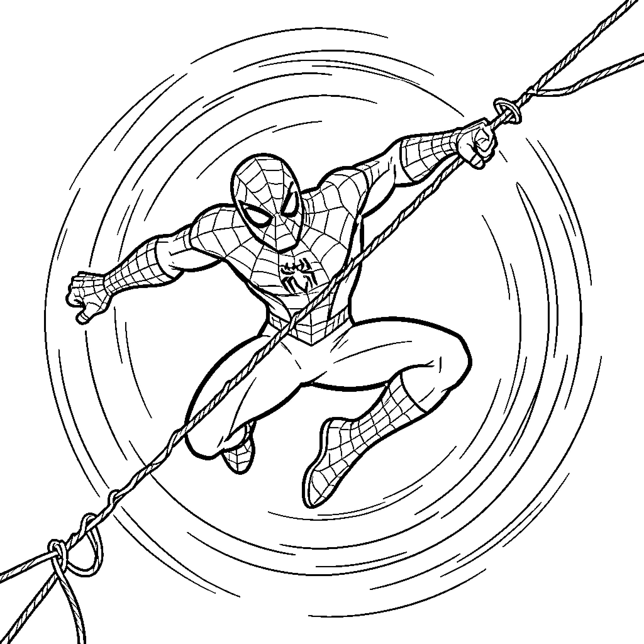 Spider-Man swinging with action and heroism Coloring Page (free black-and-white line drawing printable PDF for all, from beginners to advanced learners, including children, teens, adults, and seniors)