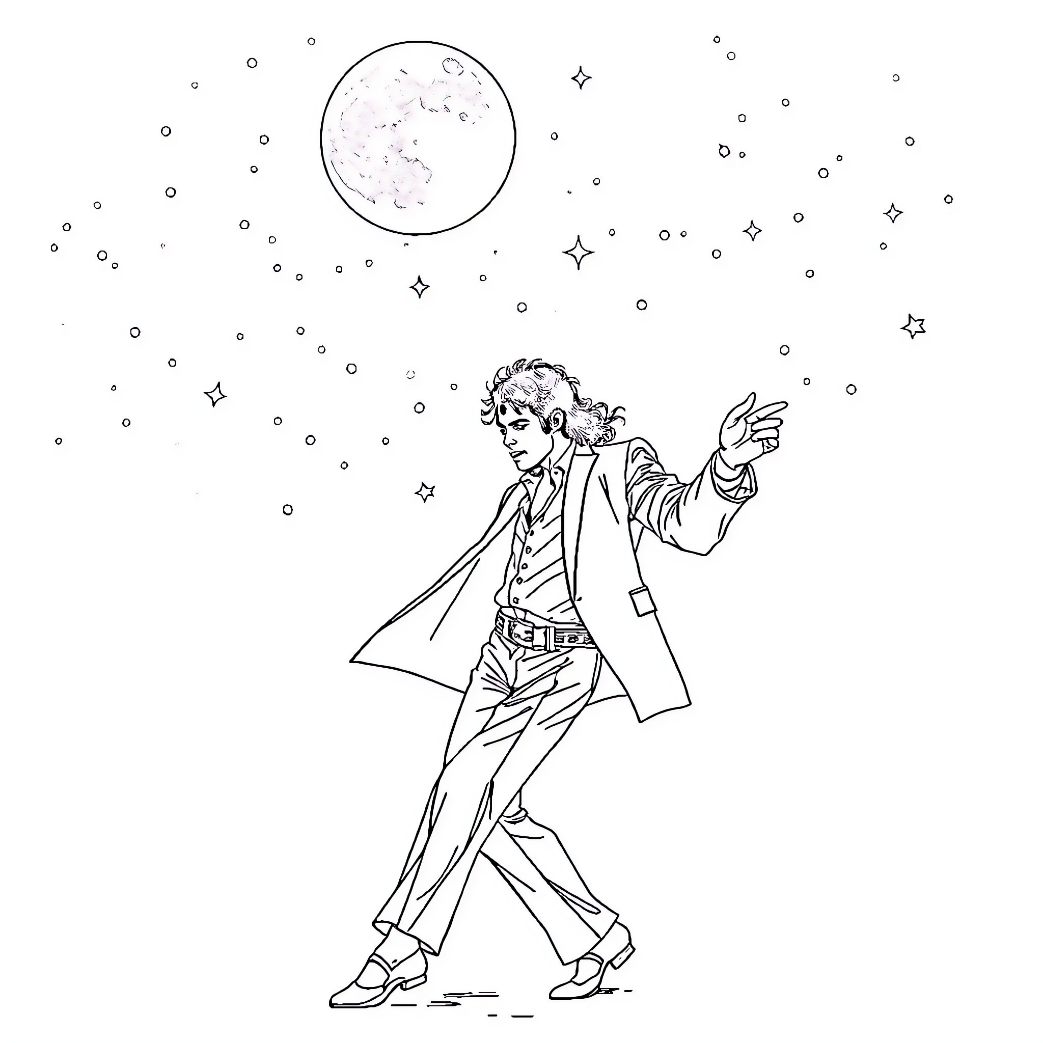 Michael Jackson dancing under the moonlight Coloring Page (free black-and-white line drawing printable PDF for all, from beginners to advanced learners, including children, teens, adults, and seniors)