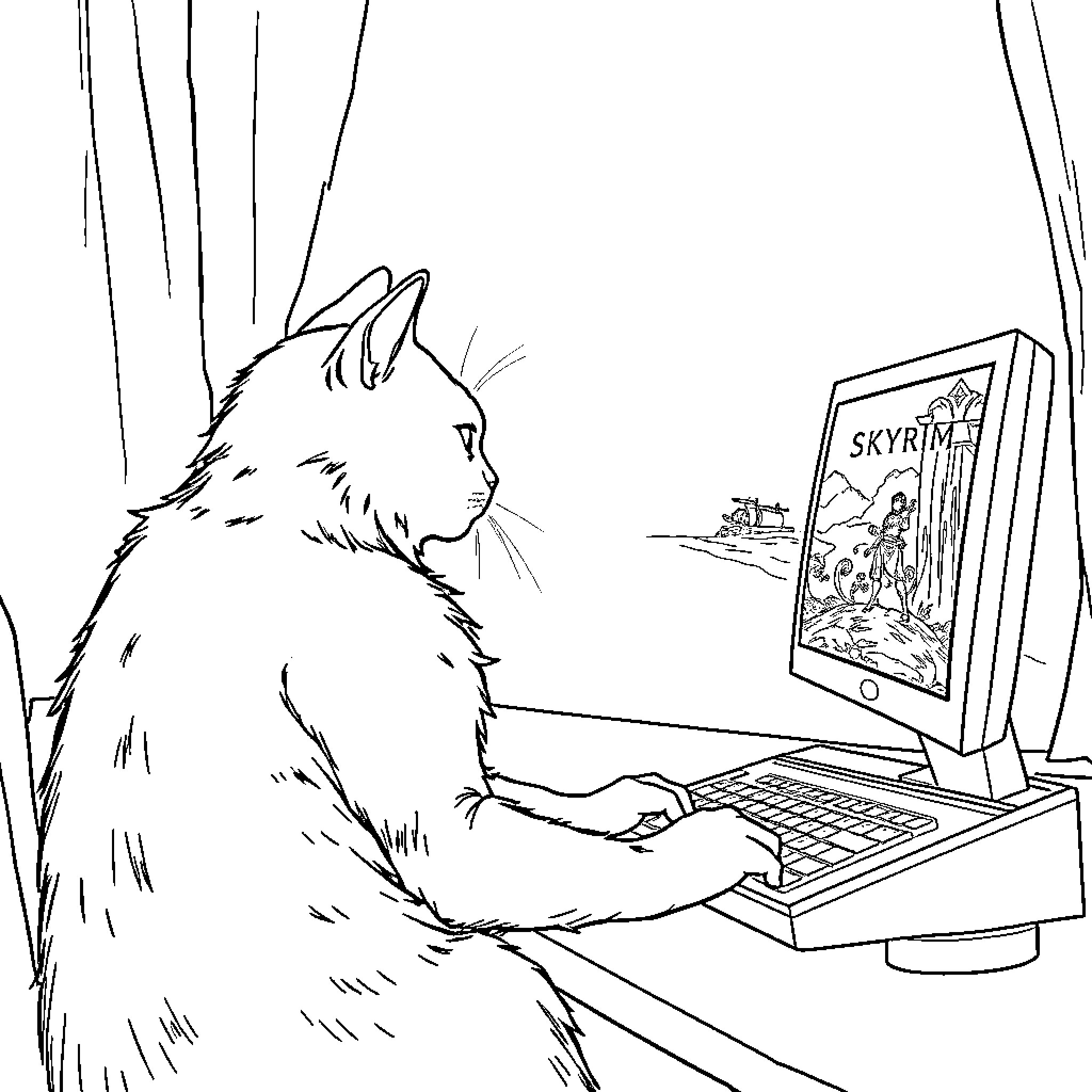Catapie Plays Skyrim on Computer Coloring Page (free black-and-white line drawing printable PDF for all, from beginners to advanced learners, including children, teens, adults, and seniors)