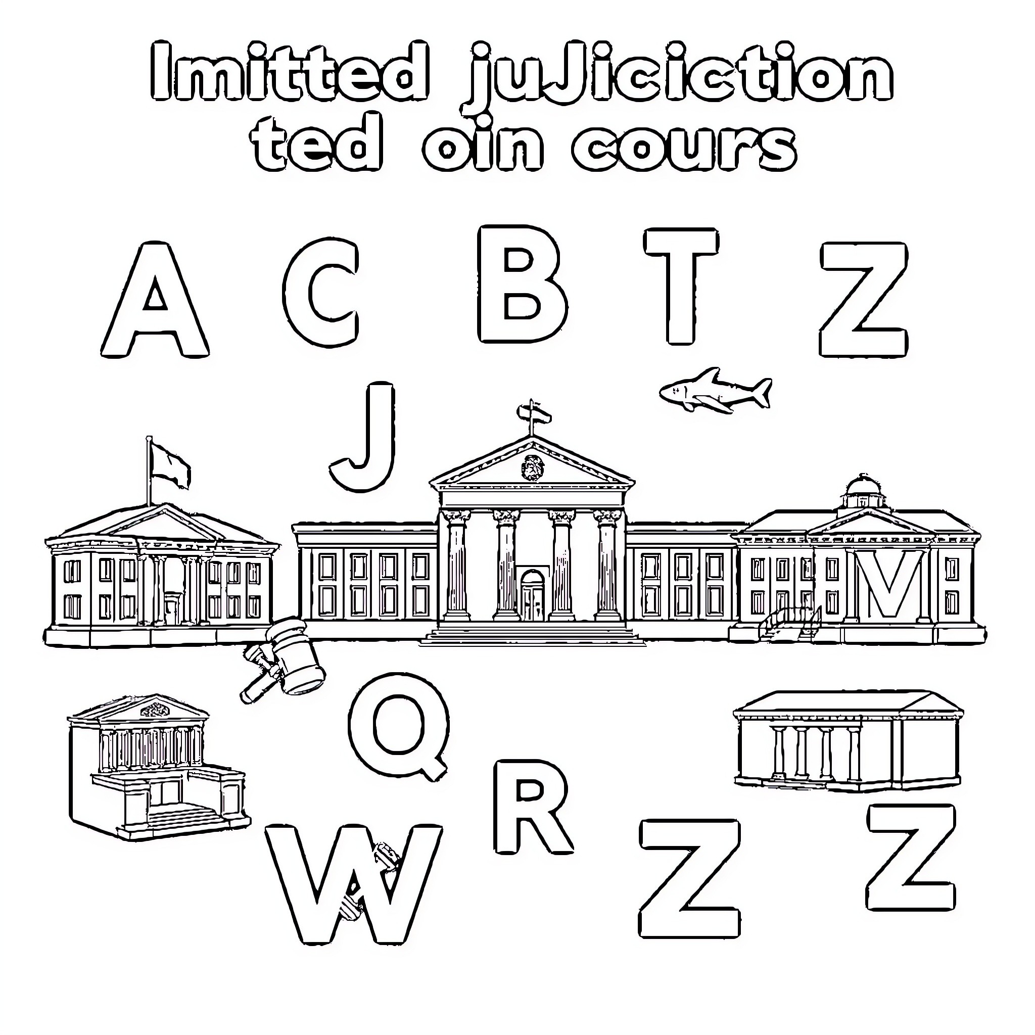 Court-related Illustrated Judicial Terms and Buildings Coloring Page (free black-and-white line drawing printable PDF for all, from beginners to advanced learners, including children, teens, adults, and seniors)