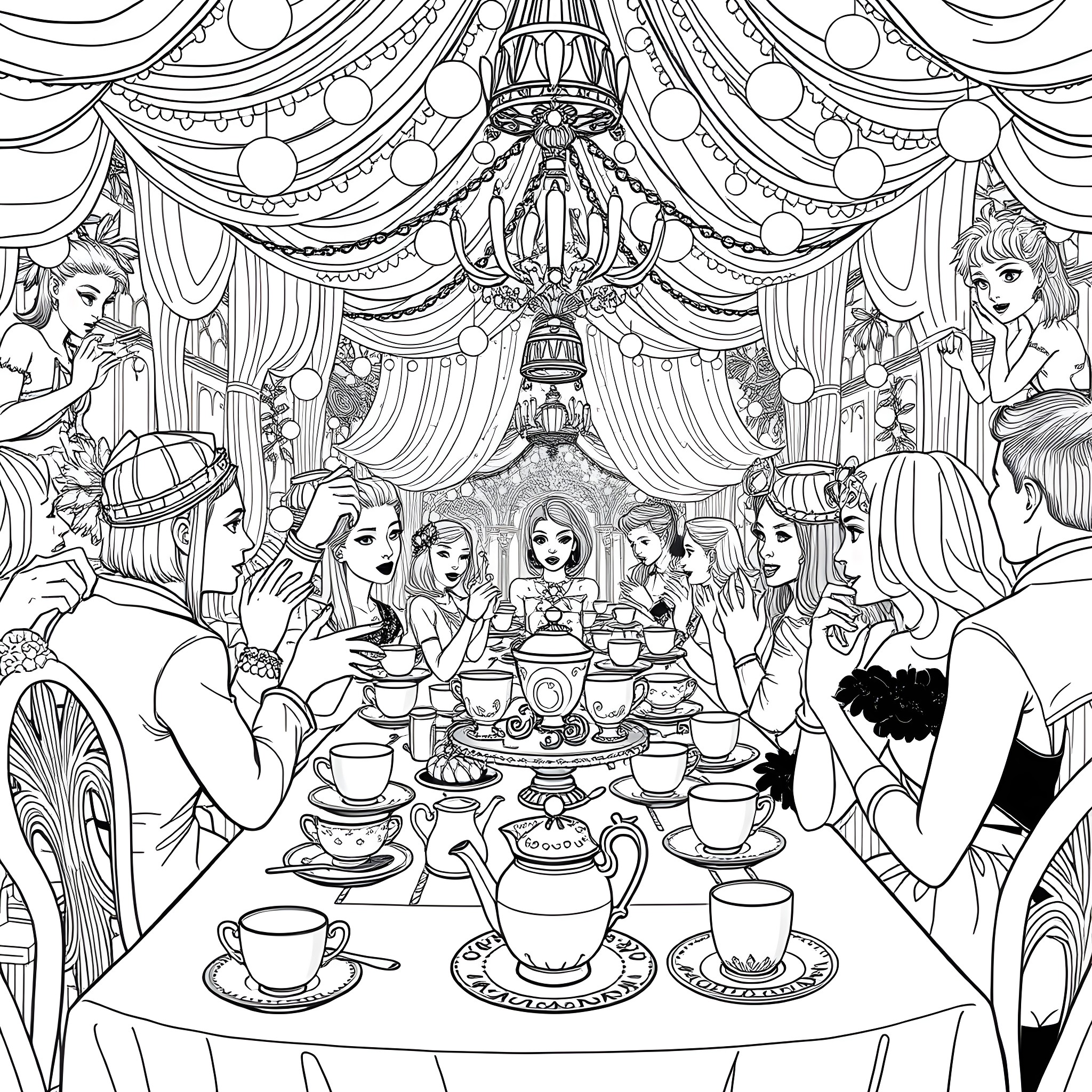 Lady Gaga's Enchanting Tea Party Coloring Page (free black-and-white line drawing printable PDF for all, from beginners to advanced learners, including children, teens, adults, and seniors)