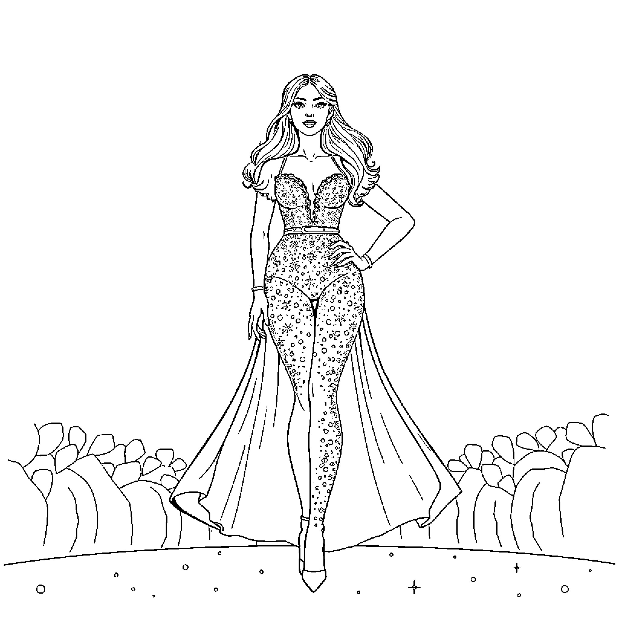 La Grande Combinasion: Elegant Gown and Graceful Pose Coloring Page (free black-and-white line drawing printable PDF for all, from beginners to advanced learners, including children, teens, adults, and seniors)