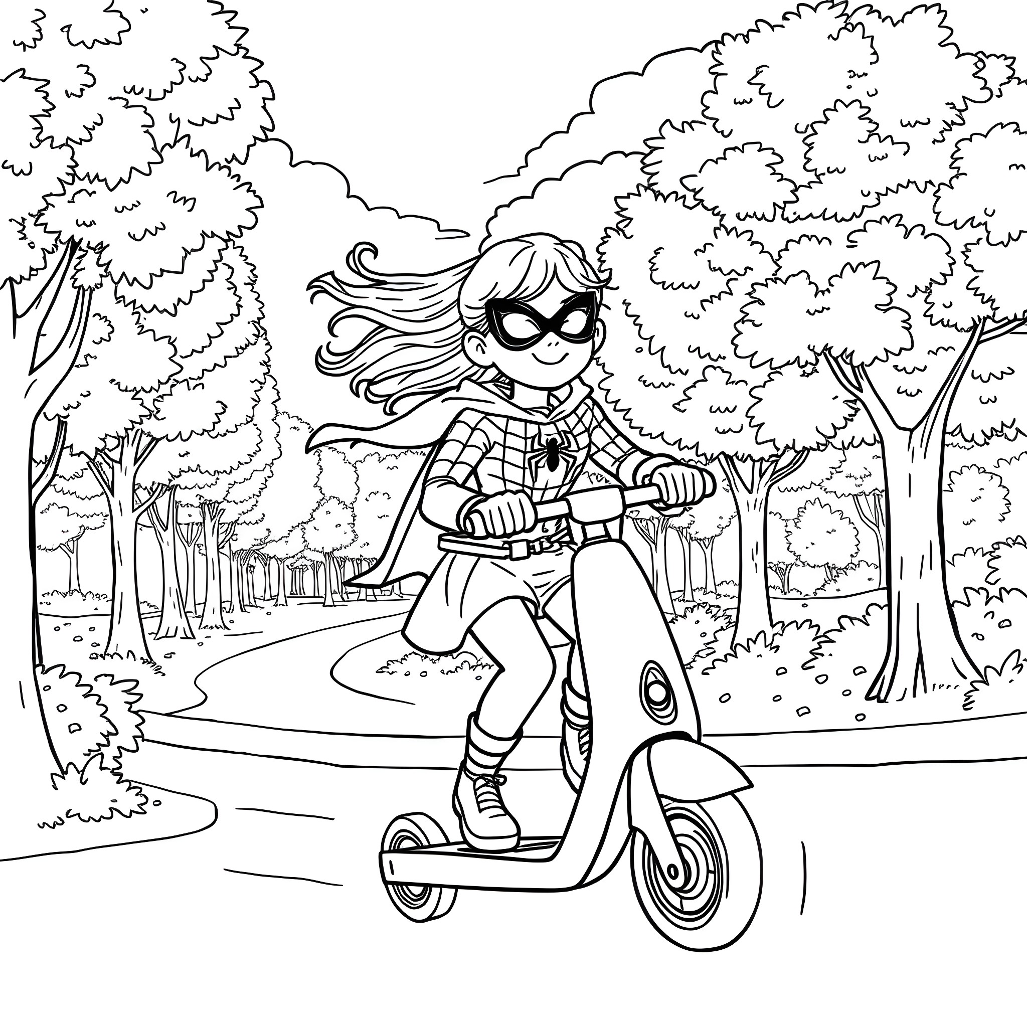 Girl riding scooter through wooded park Coloring Page (free black-and-white line drawing printable PDF for all, from beginners to advanced learners, including children, teens, adults, and seniors)
