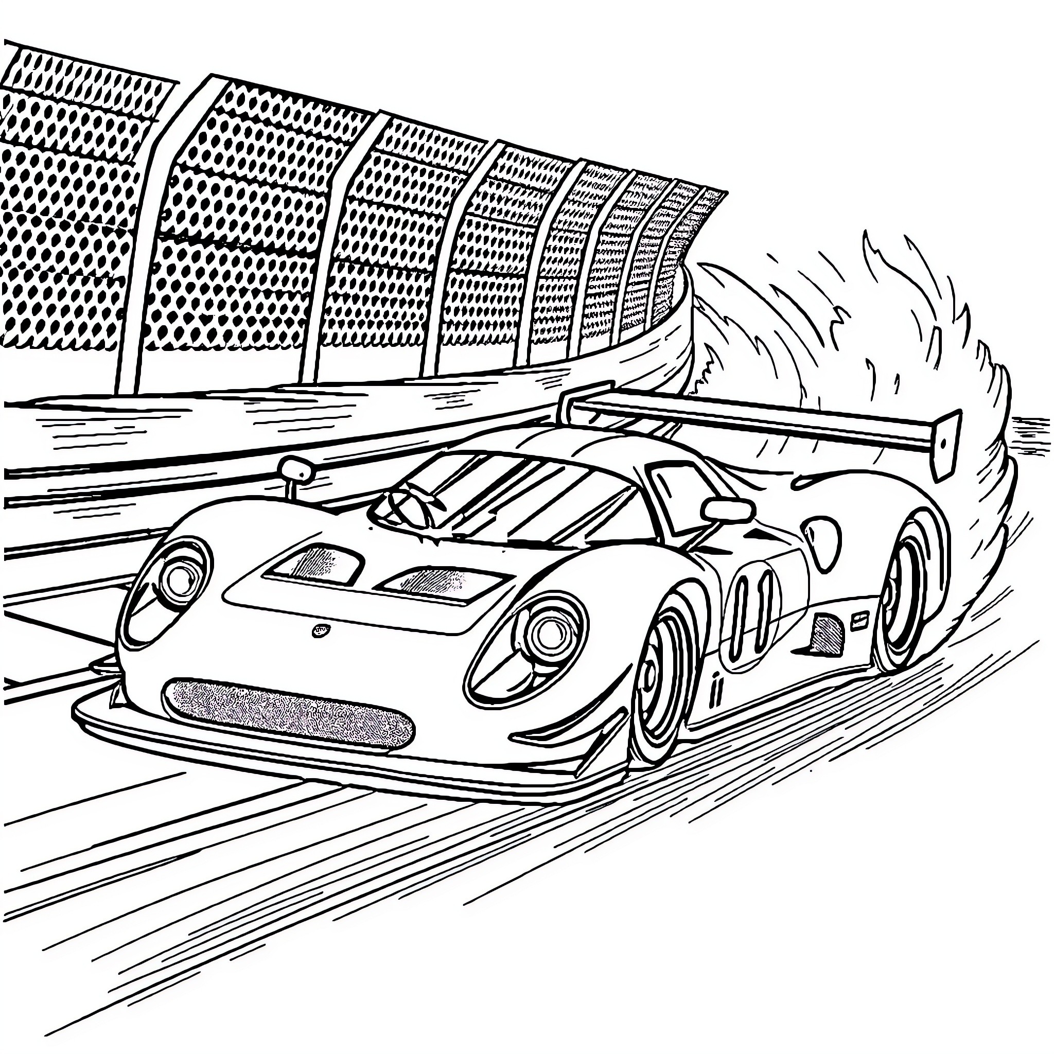 Racecar speeding on a racetrack Coloring Page (free black-and-white line drawing printable PDF for all, from beginners to advanced learners, including children, teens, adults, and seniors)