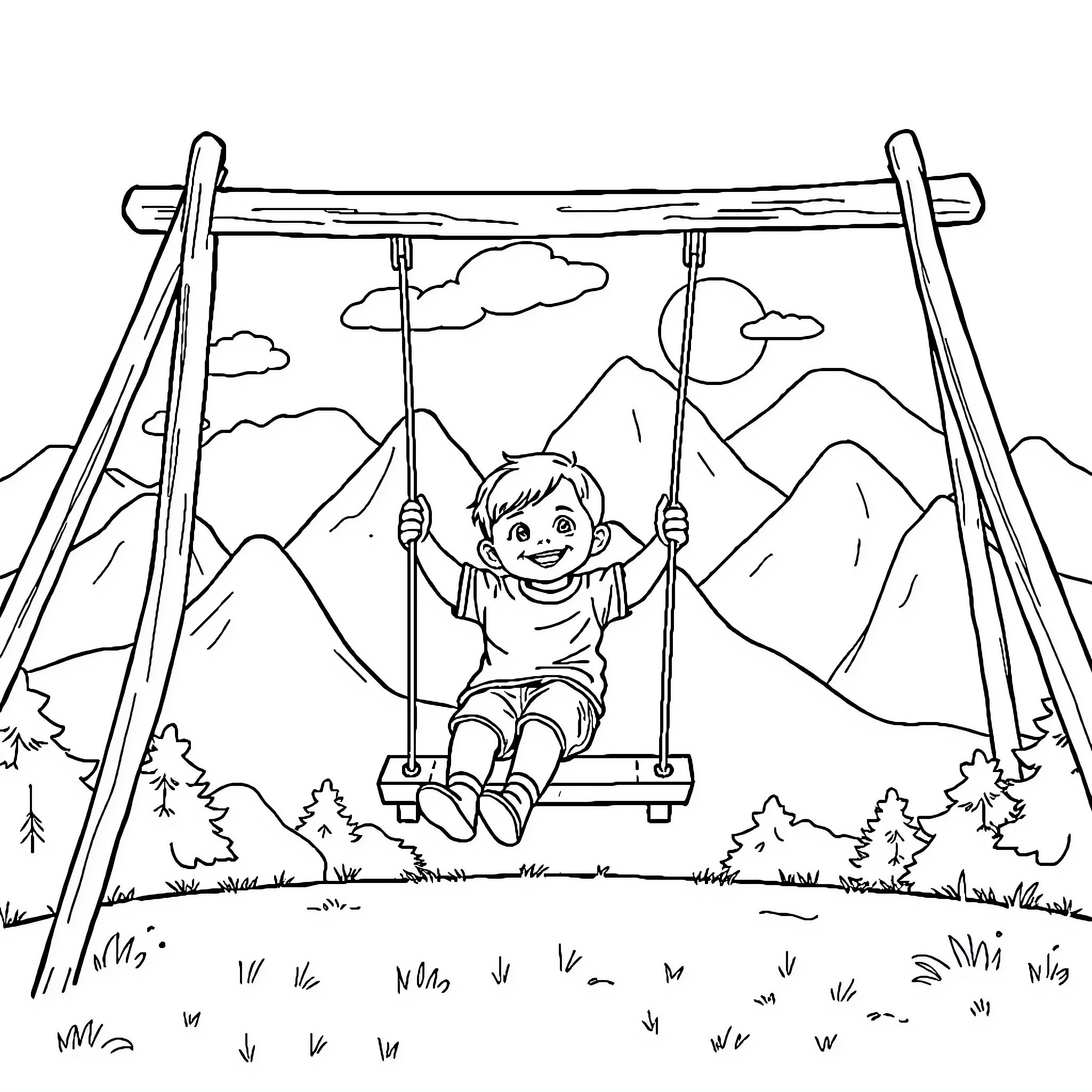 Toddler swinging joyfully in mountain landscape Coloring Page (free black-and-white line drawing printable PDF for all, from beginners to advanced learners, including children, teens, adults, and seniors)