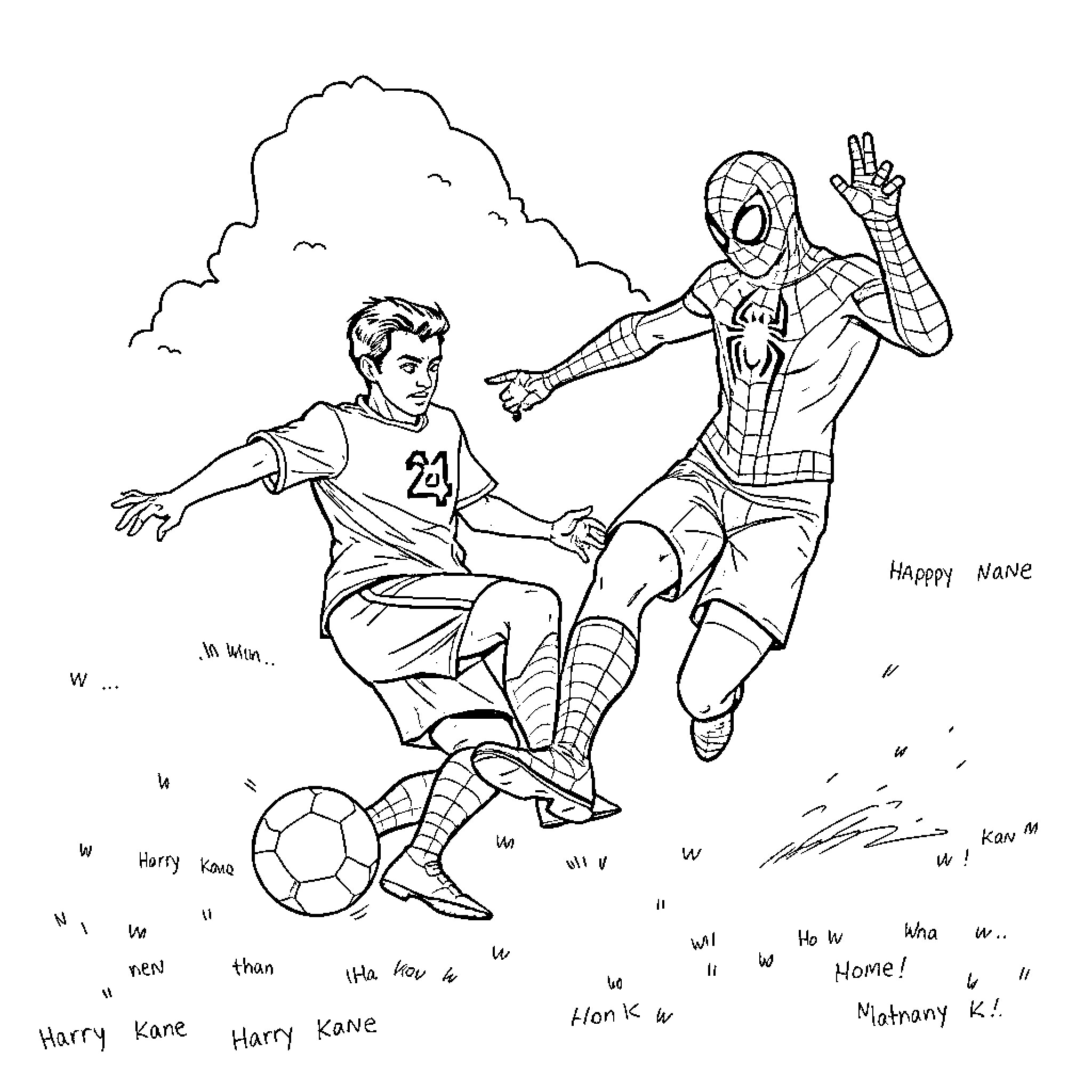 Spider-Man Assists Football Player in Victory Celebration Coloring Page (free black-and-white line drawing printable PDF for all, from beginners to advanced learners, including children, teens, adults, and seniors)