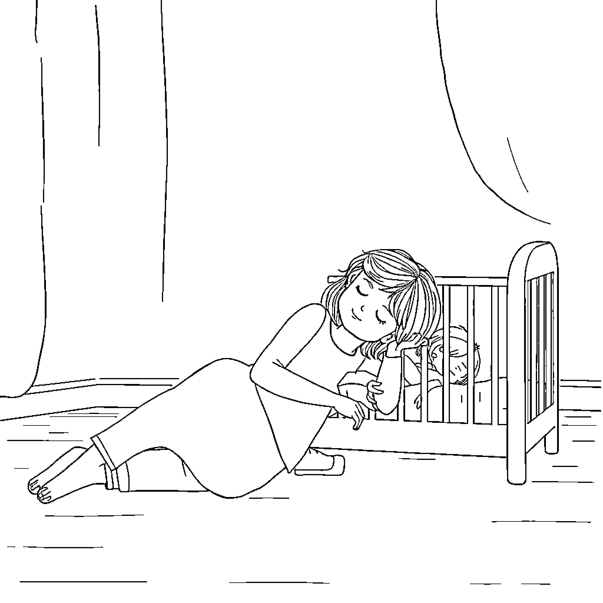 Parent comforting child in bedroom Coloring Page (free black-and-white line drawing printable PDF for all, from beginners to advanced learners, including children, teens, adults, and seniors)