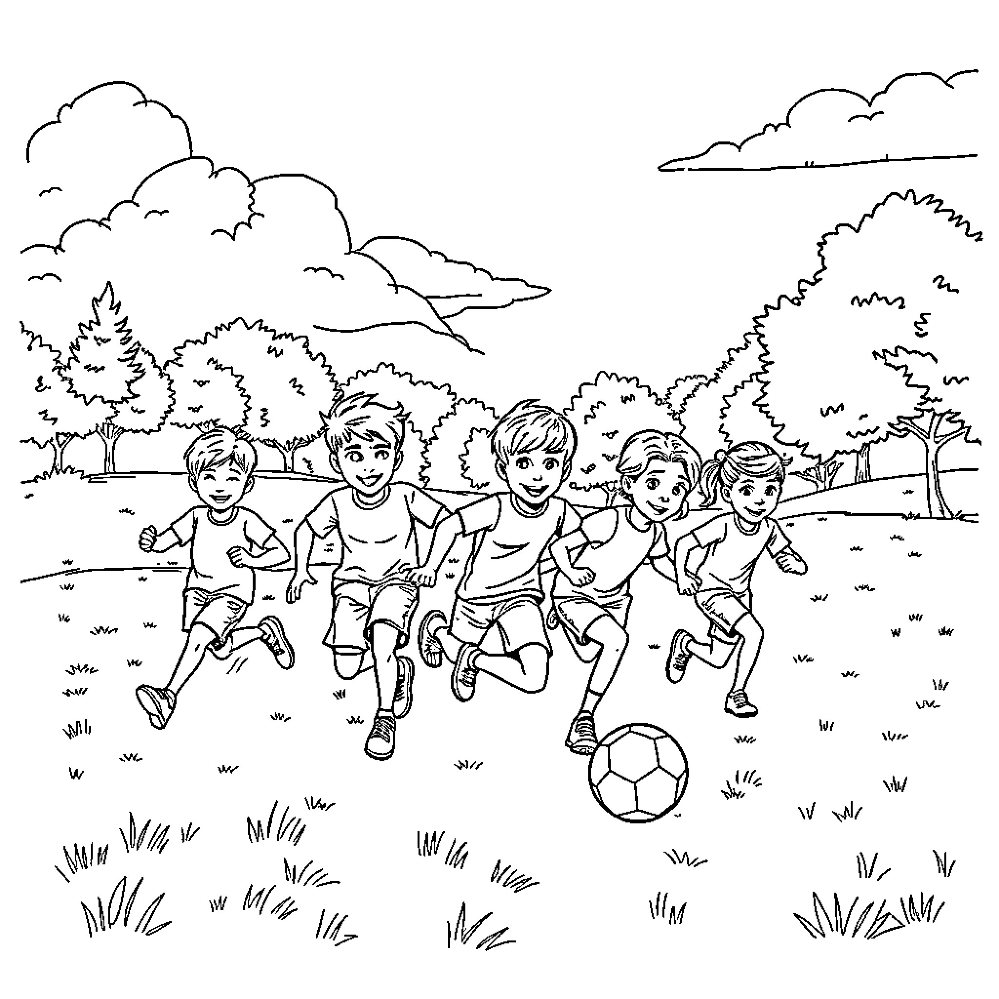 Kids playing soccer in the park Coloring Page (free black-and-white line drawing printable PDF for all, from beginners to advanced learners, including children, teens, adults, and seniors)