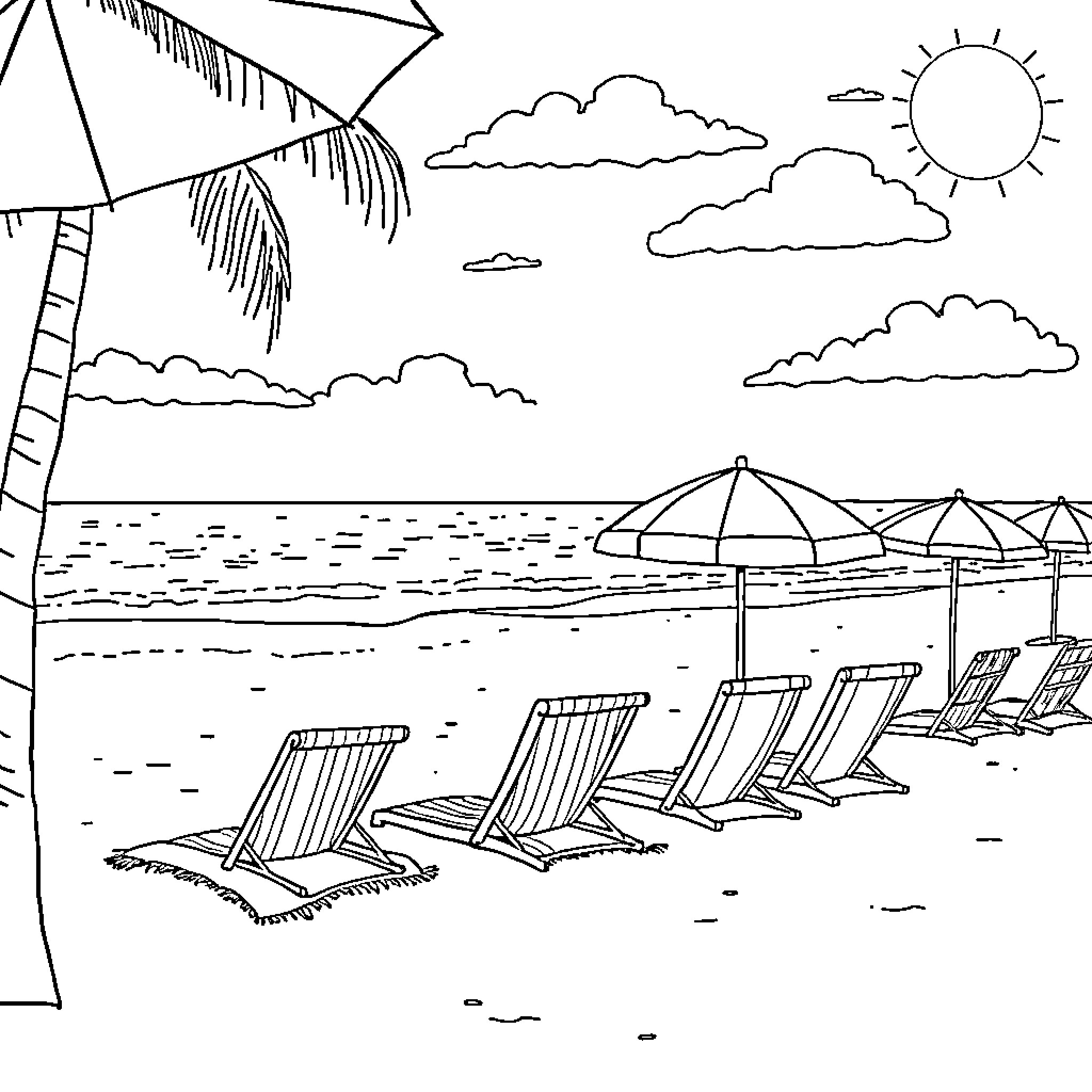 Beach scene with sun, clouds, and beach chairs Coloring Page (free black-and-white line drawing printable PDF for all, from beginners to advanced learners, including children, teens, adults, and seniors)