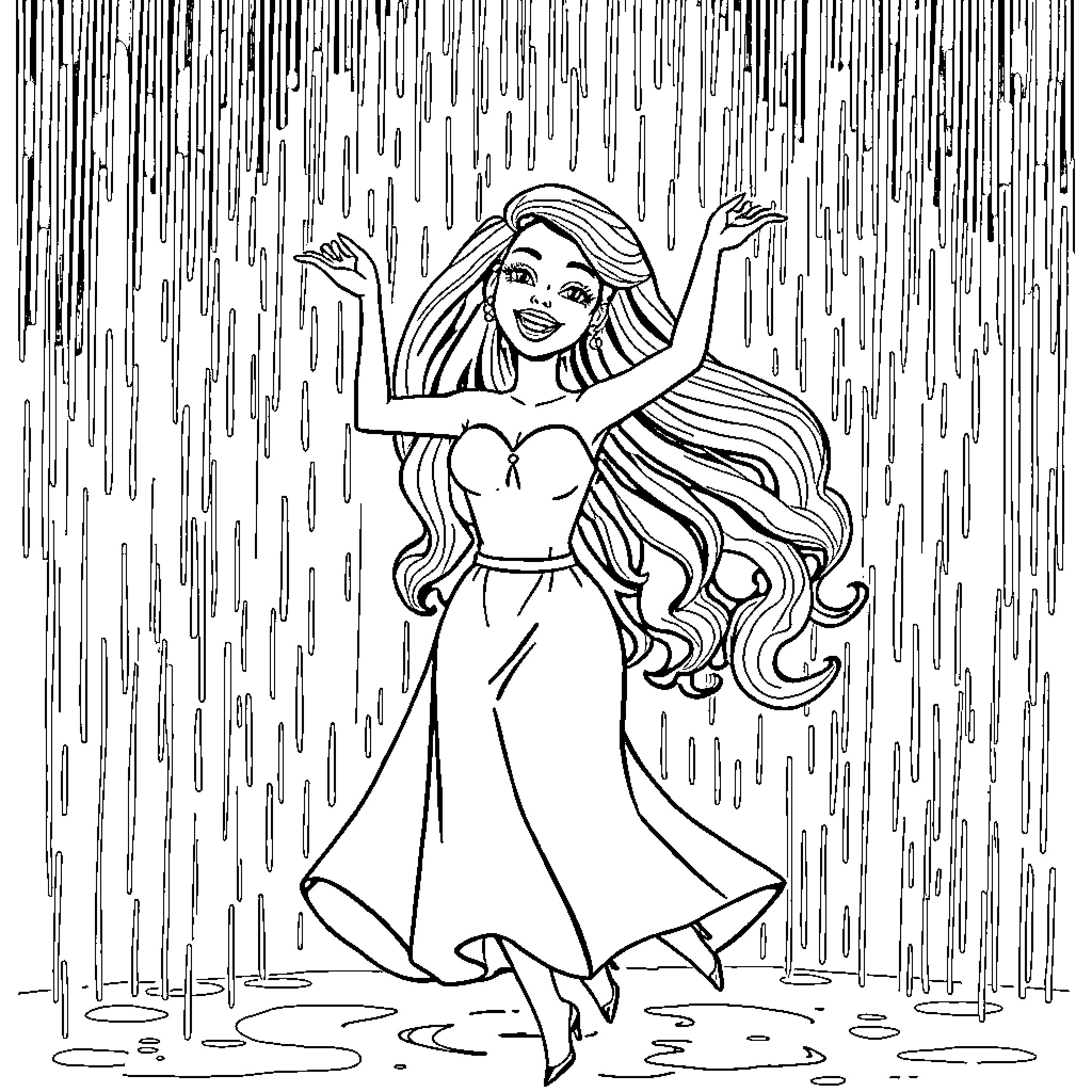 Barbie dancing joyfully in the rain Coloring Page (free black-and-white line drawing printable PDF for all, from beginners to advanced learners, including children, teens, adults, and seniors)