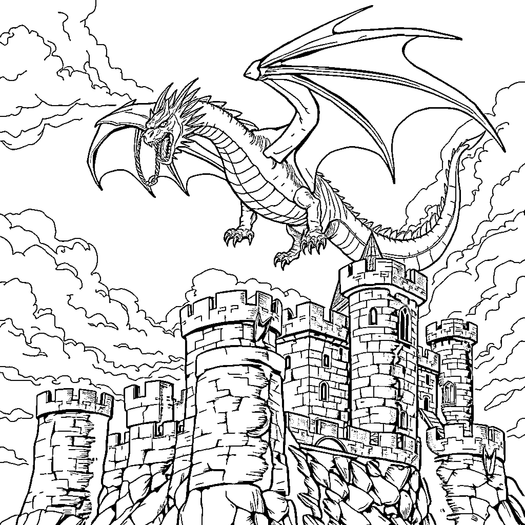 Dragon soaring over a majestic castle Coloring Page (free black-and-white line drawing printable PDF for all, from beginners to advanced learners, including children, teens, adults, and seniors)