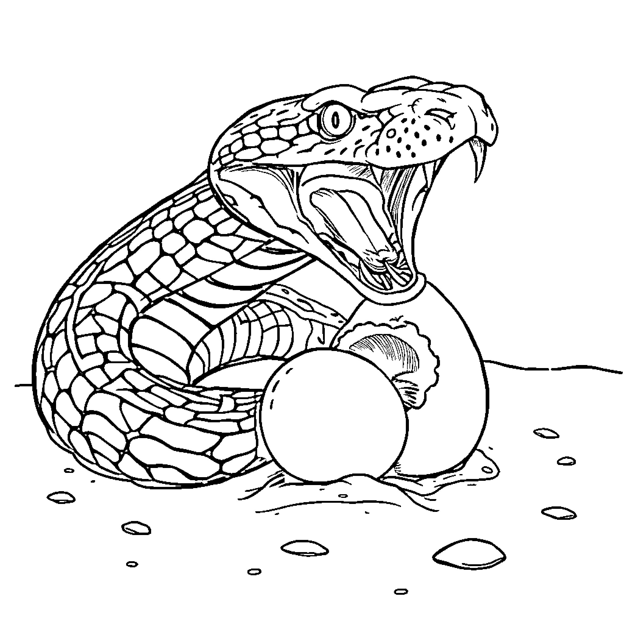 Snake attacking its prey in the wild Coloring Page (free black-and-white line drawing printable PDF for all, from beginners to advanced learners, including children, teens, adults, and seniors)