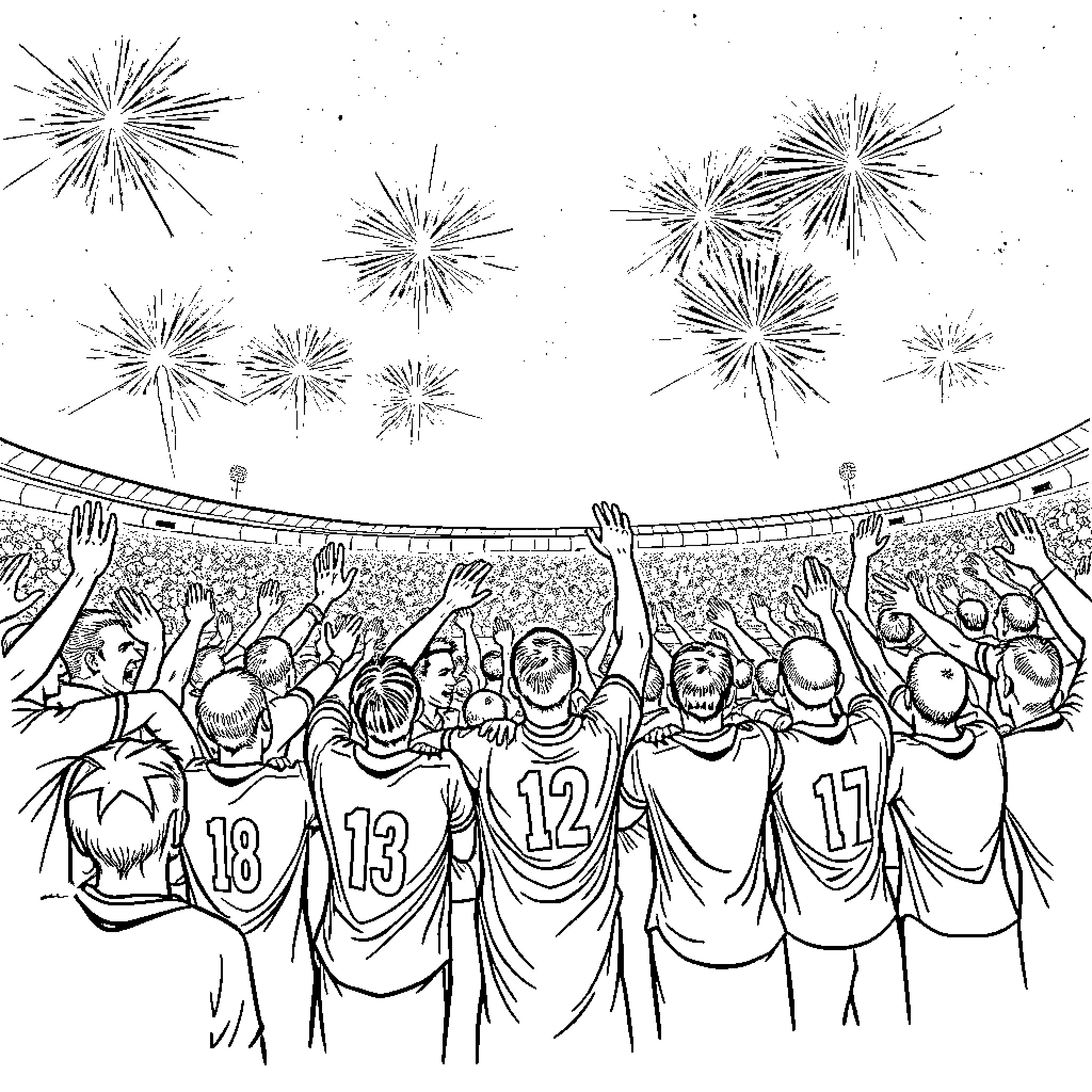 Sevilla stadium celebration with fireworks and crowds Coloring Page (free black-and-white line drawing printable PDF for all, from beginners to advanced learners, including children, teens, adults, and seniors)