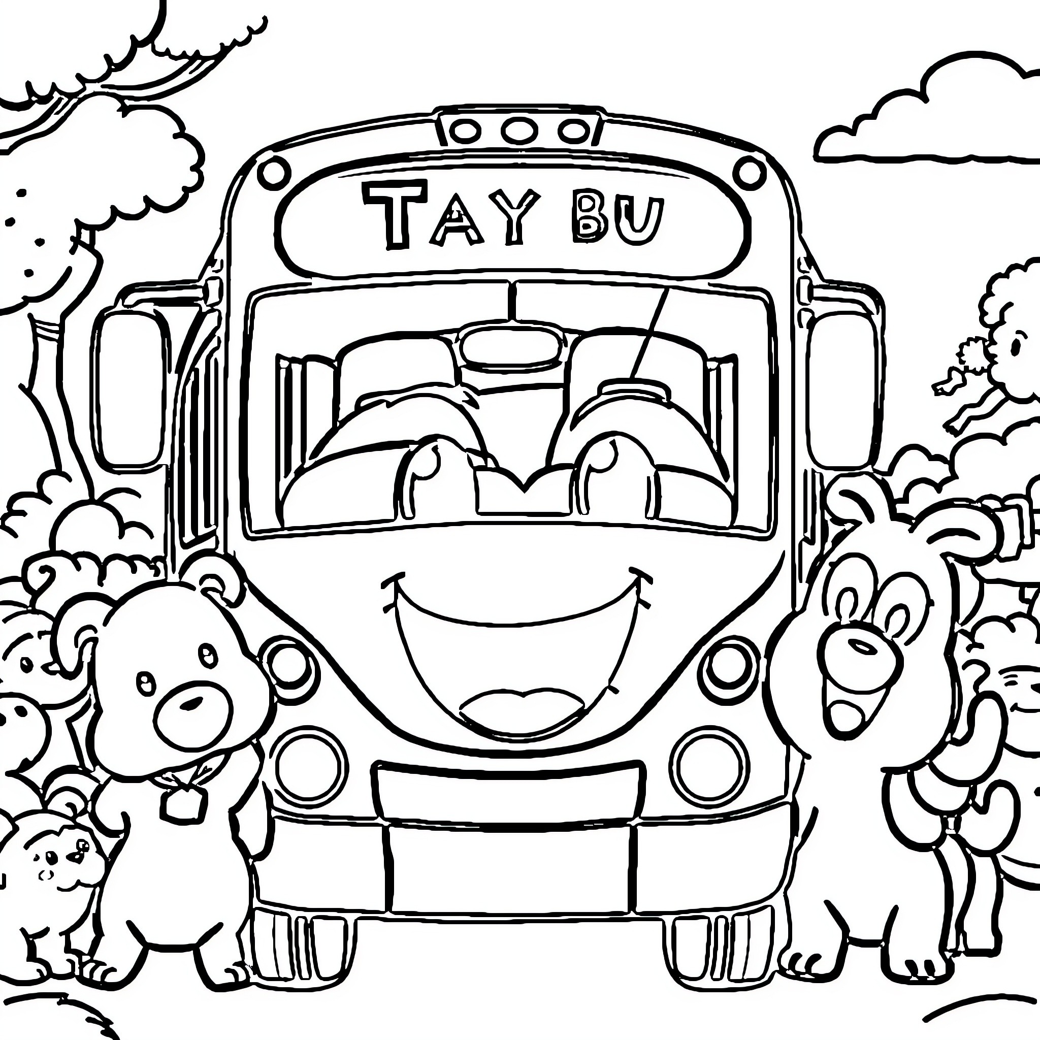 Tayo the Happy Bus and Friends on an Adventure Coloring Page (free black-and-white line drawing printable PDF for all, from beginners to advanced learners, including children, teens, adults, and seniors)