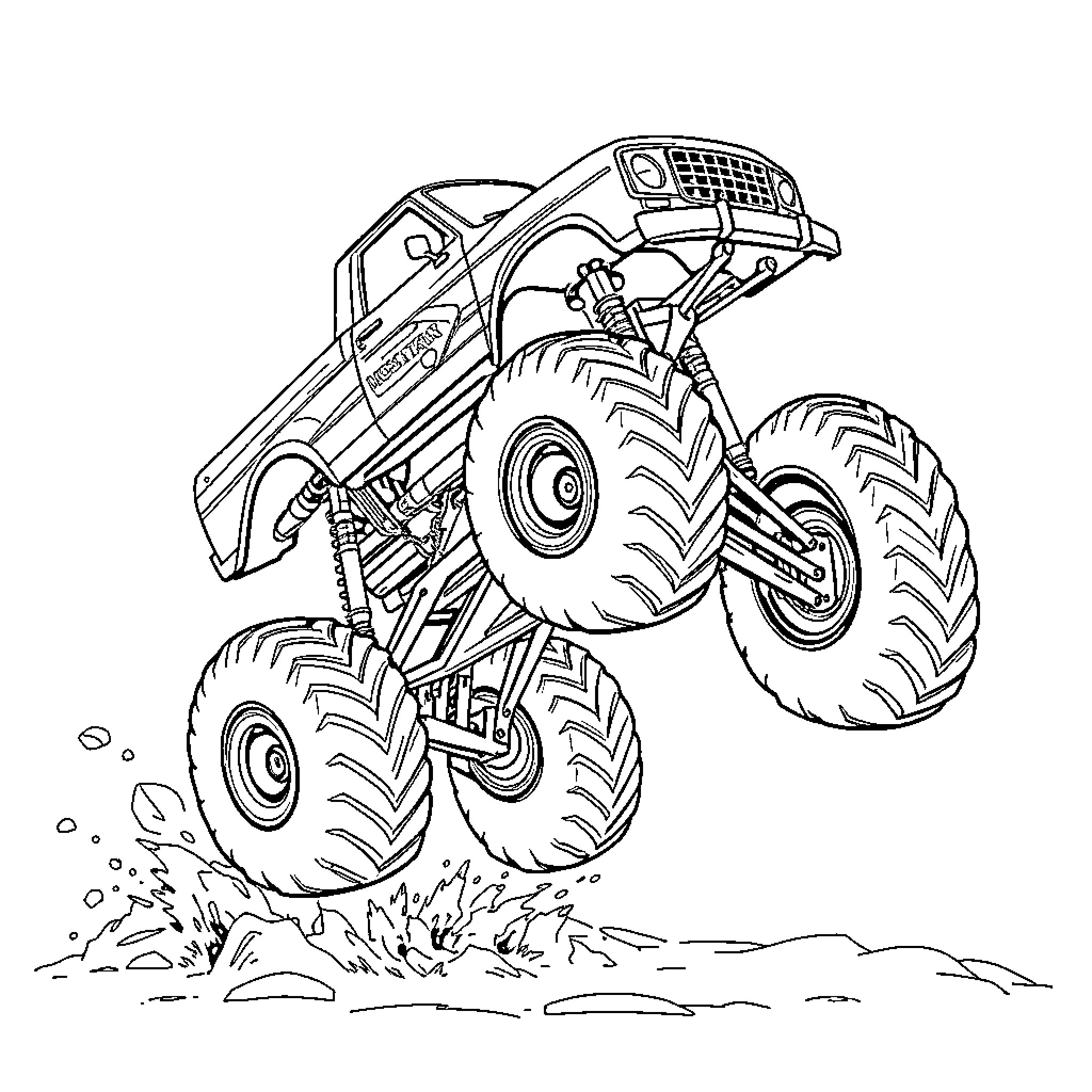 Monster Truck Crushing Through the Terrain Coloring Page (free black-and-white line drawing printable PDF for all, from beginners to advanced learners, including children, teens, adults, and seniors)