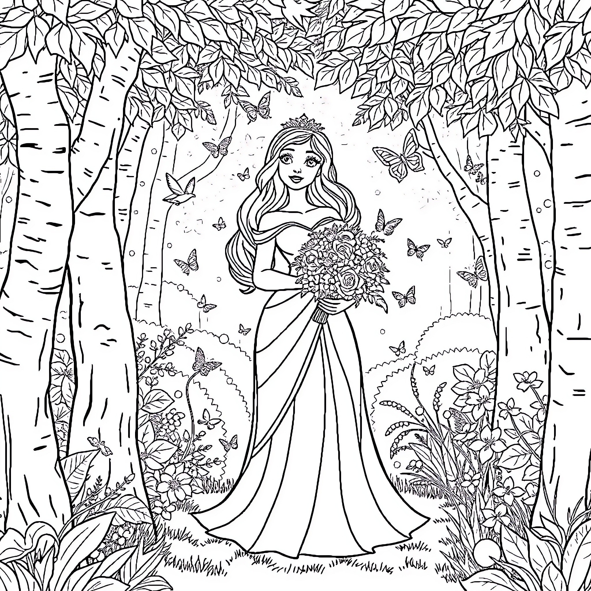 Princess amidst butterflies in a floral forest Coloring Page (free black-and-white line drawing printable PDF for all, from beginners to advanced learners, including children, teens, adults, and seniors)