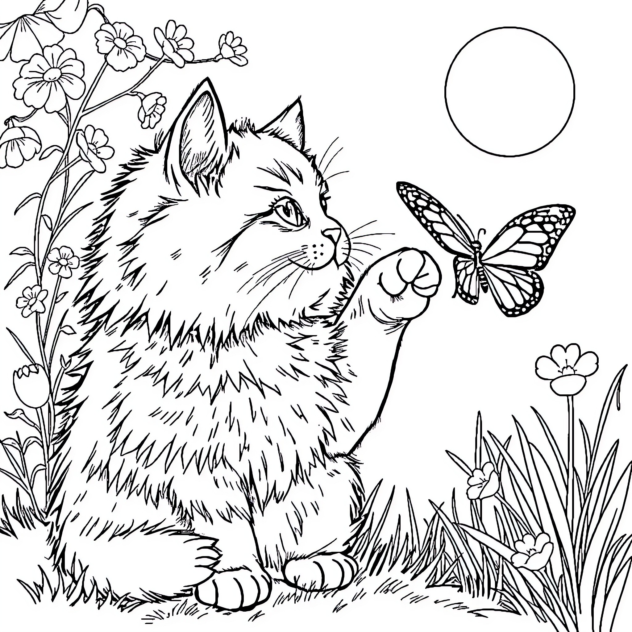 Cat chasing butterflies in a floral garden Coloring Page (free black-and-white line drawing printable PDF for all, from beginners to advanced learners, including children, teens, adults, and seniors)
