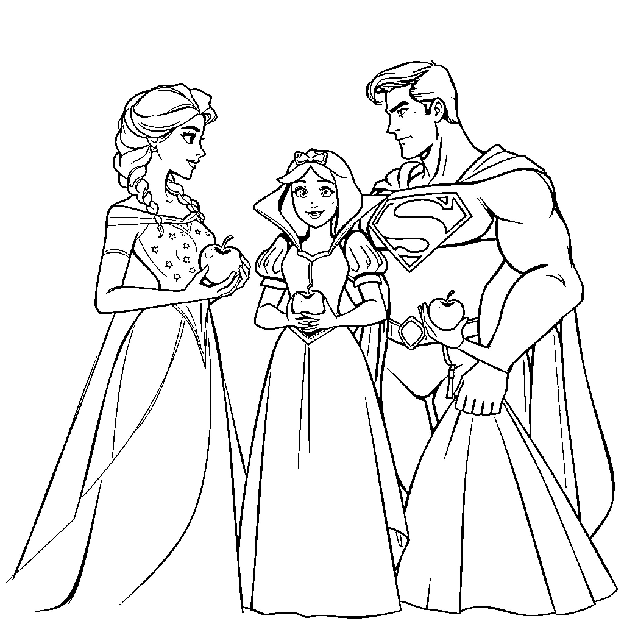 Elsa and her superhero friends in royal attire Coloring Page (free black-and-white line drawing printable PDF for all, from beginners to advanced learners, including children, teens, adults, and seniors)
