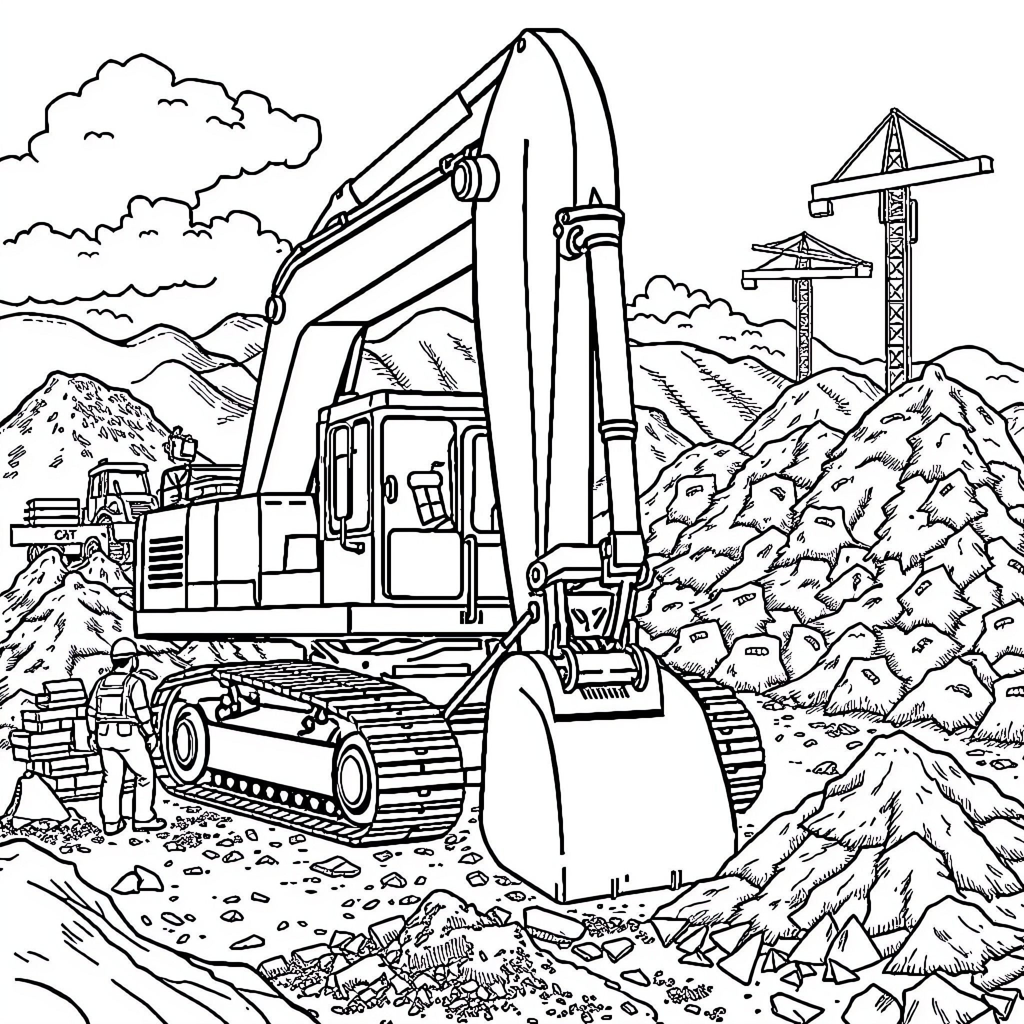 Excavator Machinery in Mountain Construction Site Coloring Page (free black-and-white line drawing printable PDF for all, from beginners to advanced learners, including children, teens, adults, and seniors)