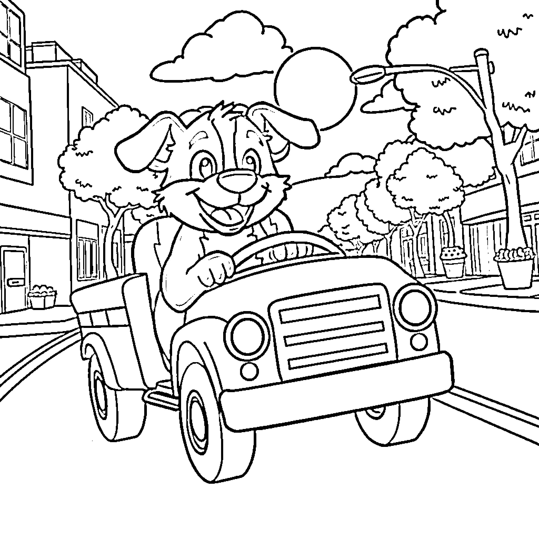 Bluey Driving a Jeep in the Neighborhood Coloring Page (free black-and-white line drawing printable PDF for all, from beginners to advanced learners, including children, teens, adults, and seniors)