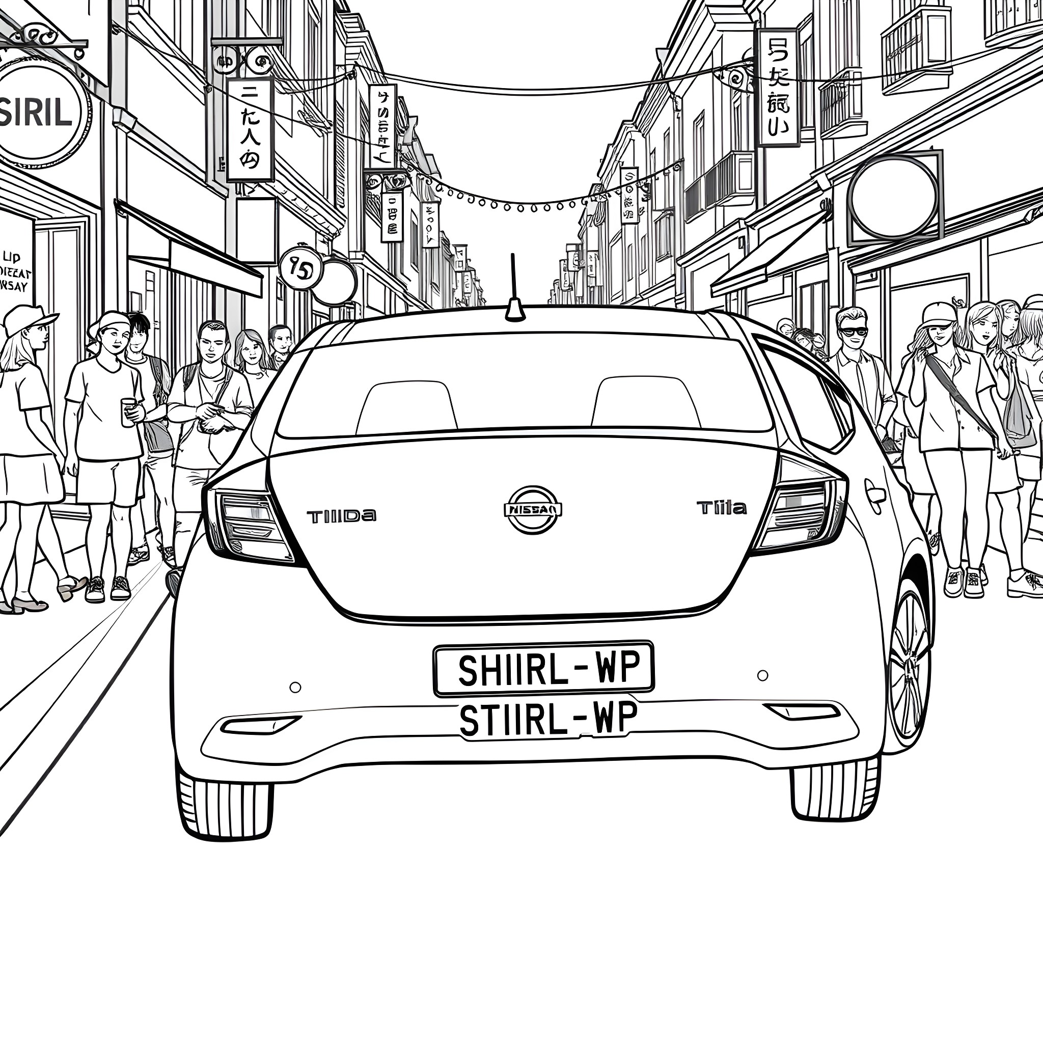 Nissan Tiida in a busy city street Coloring Page (free black-and-white line drawing printable PDF for all, from beginners to advanced learners, including children, teens, adults, and seniors)