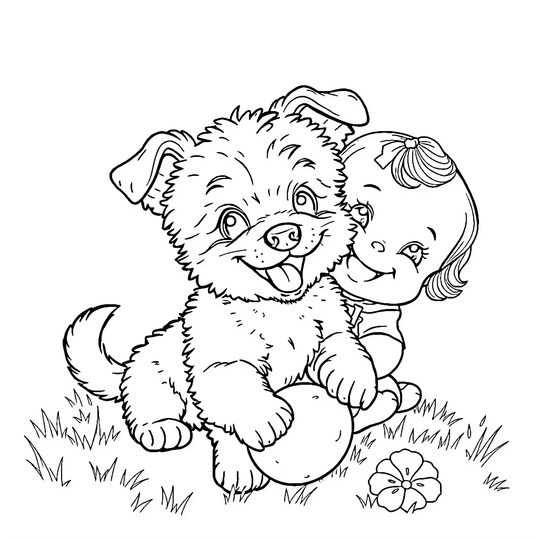 Puppy playing with doll in grassy field Coloring Page (free black-and-white line drawing printable PDF for all, from beginners to advanced learners, including children, teens, adults, and seniors)