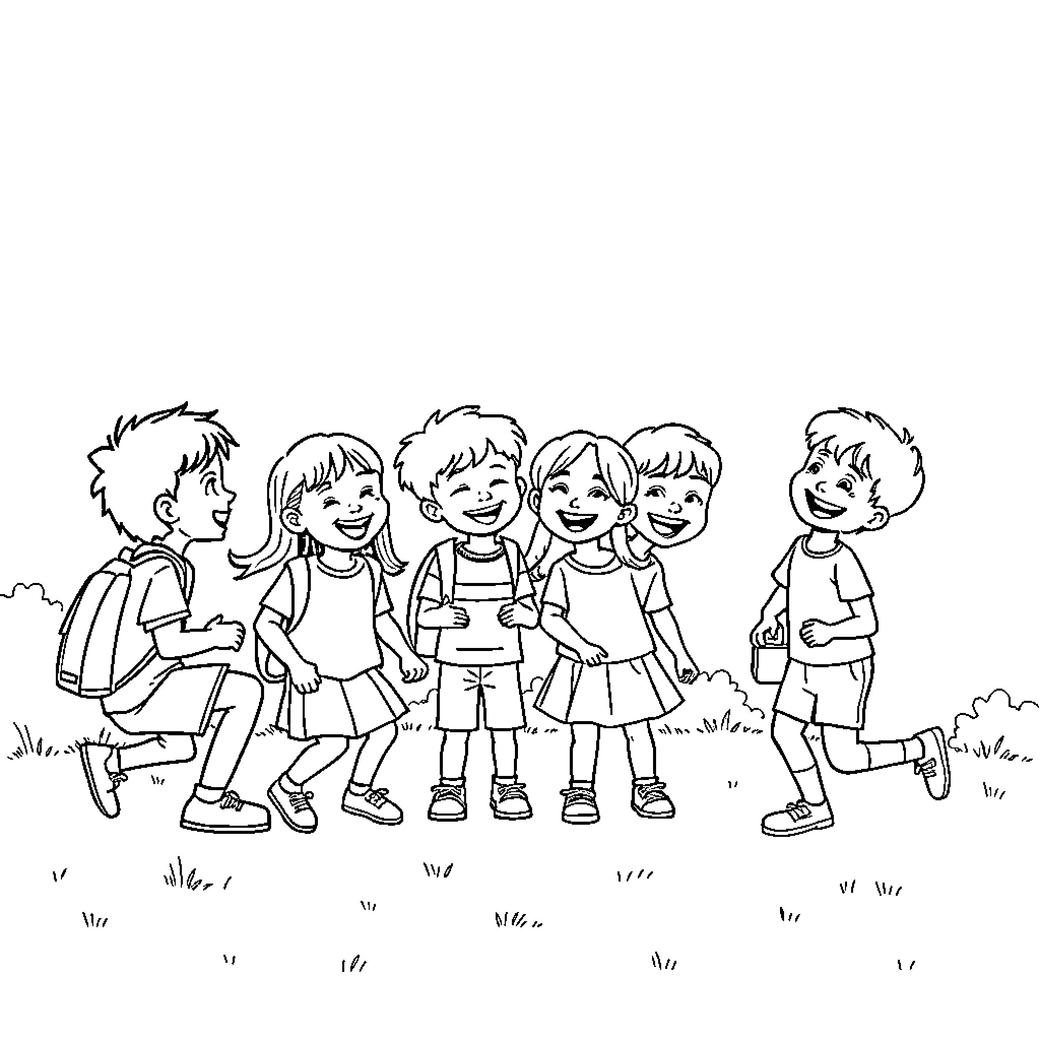 Kid friends having fun outdoors Coloring Page (free black-and-white line drawing printable PDF for all, from beginners to advanced learners, including children, teens, adults, and seniors)