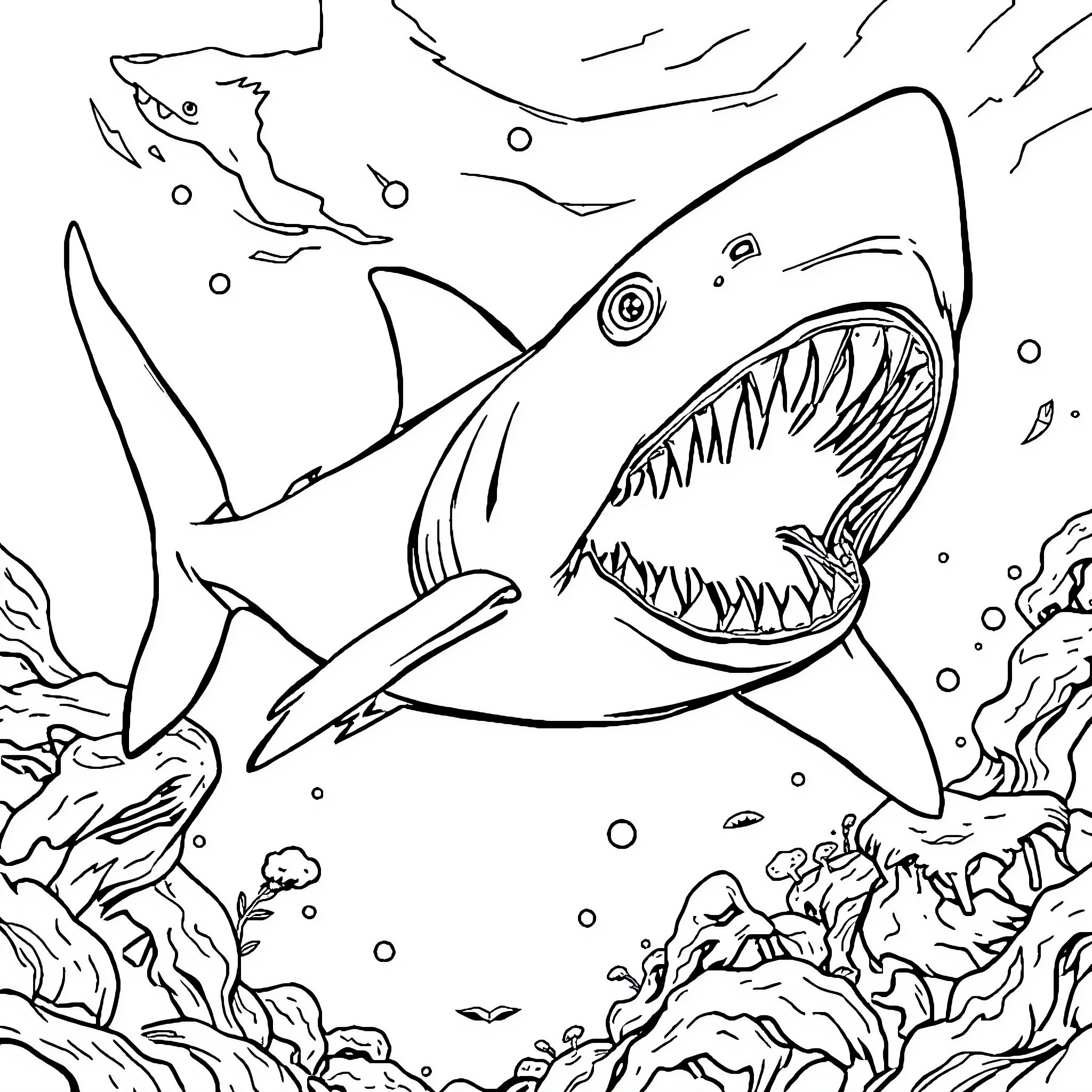 Shark with wide open jaws in the sea Coloring Page (free black-and-white line drawing printable PDF for all, from beginners to advanced learners, including children, teens, adults, and seniors)