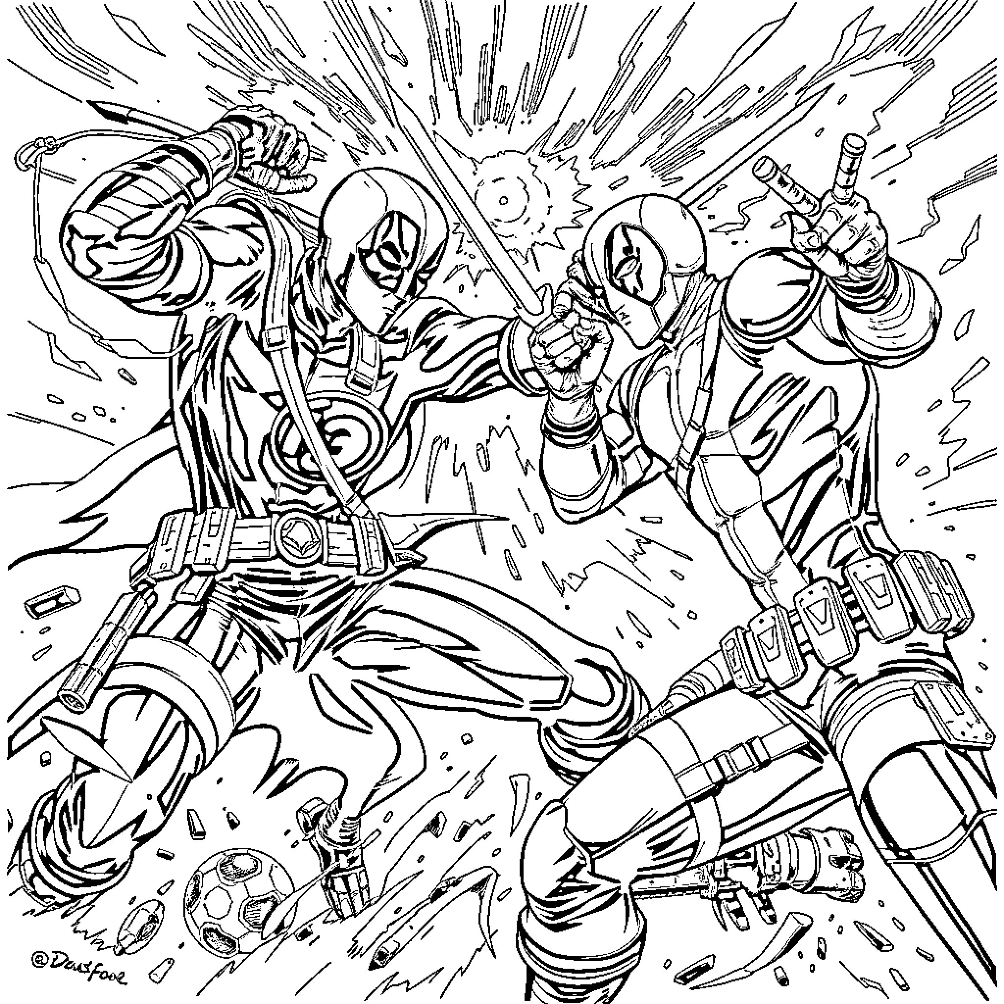 Deathstroke engaging in intense combat with Deadpool Coloring Page (free black-and-white line drawing printable PDF for all, from beginners to advanced learners, including children, teens, adults, and seniors)