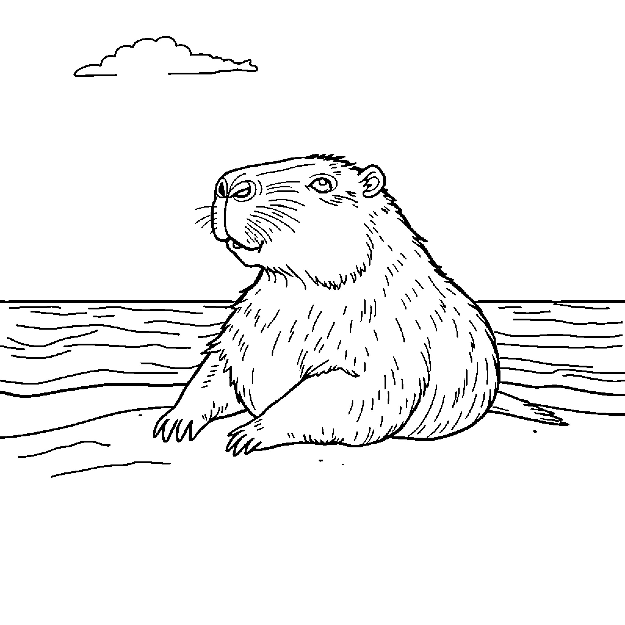 Capybara relaxing by the water's edge Coloring Page (free black-and-white line drawing printable PDF for all, from beginners to advanced learners, including children, teens, adults, and seniors)