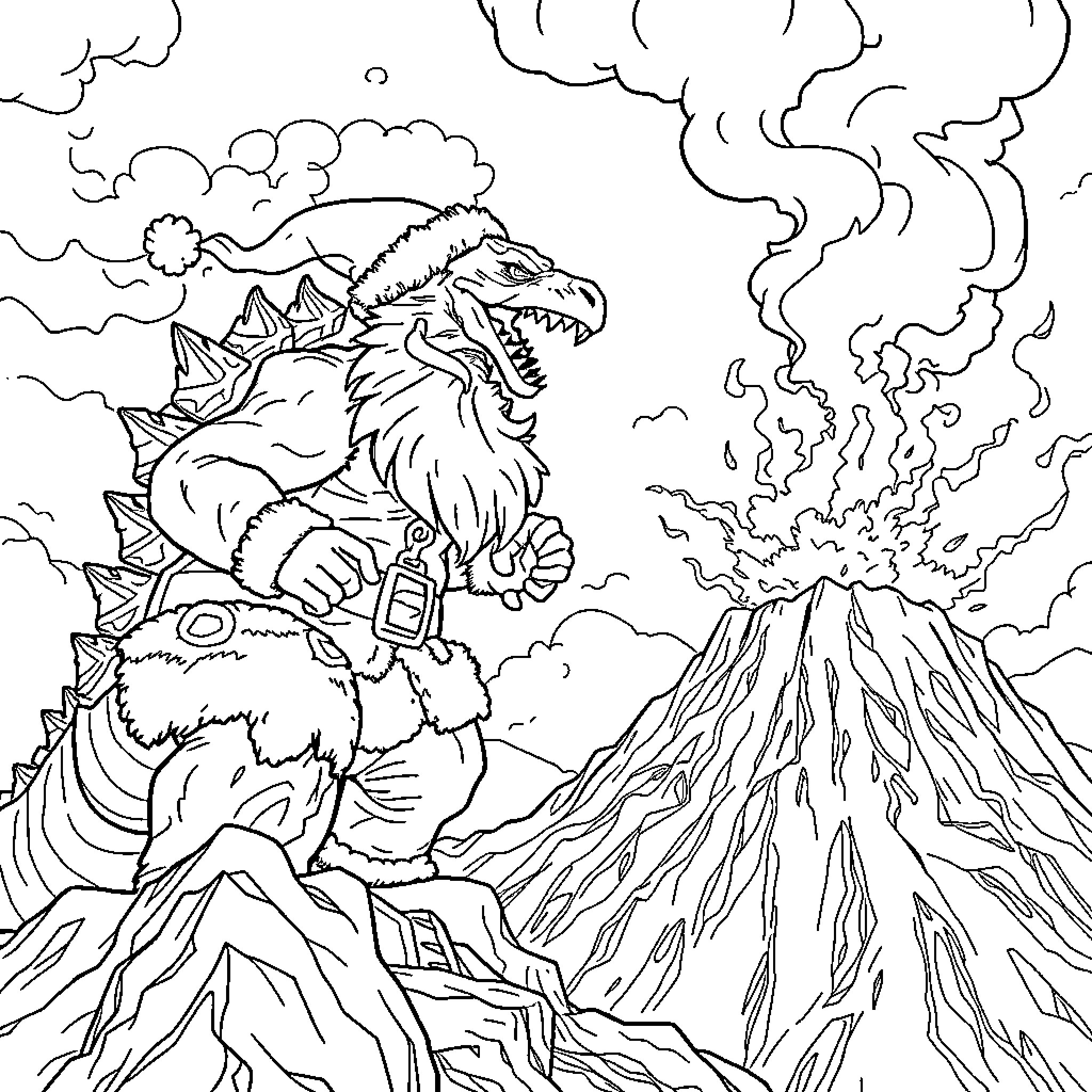 Santa Claus rides a fearsome dragon over a volcanic landscape Coloring Page (free black-and-white line drawing printable PDF for all, from beginners to advanced learners, including children, teens, adults, and seniors)