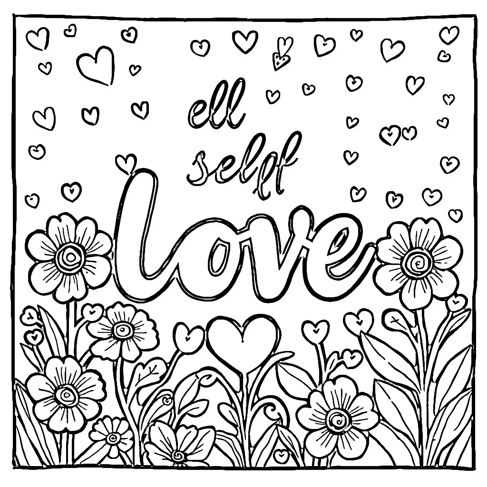 Affirmation of Self-Love with Floral Motifs Coloring Page (free black-and-white line drawing printable PDF for all, from beginners to advanced learners, including children, teens, adults, and seniors)